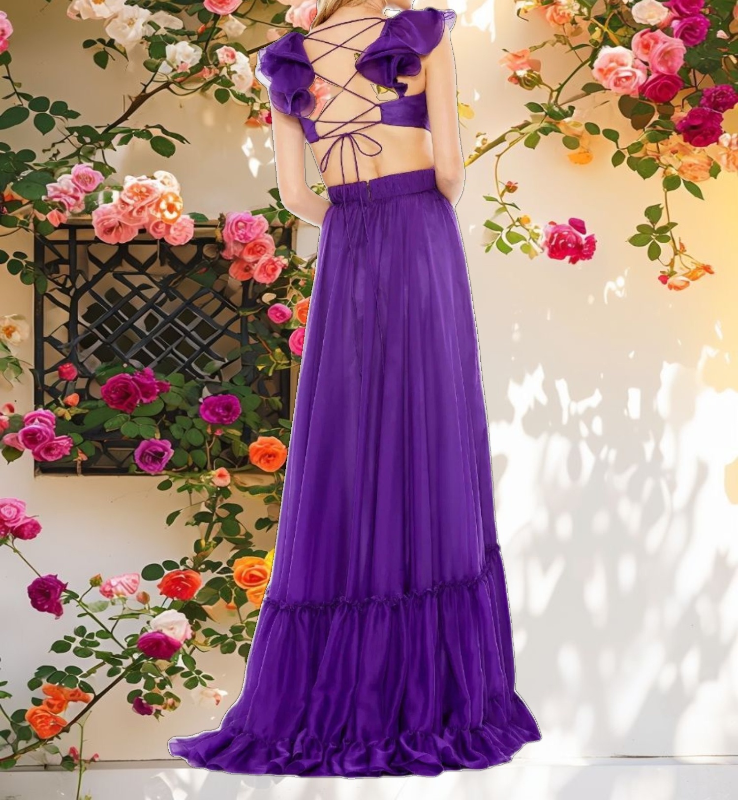 Purple Ruched Ruffled Shoulder Cut Out Lace Up Gown
