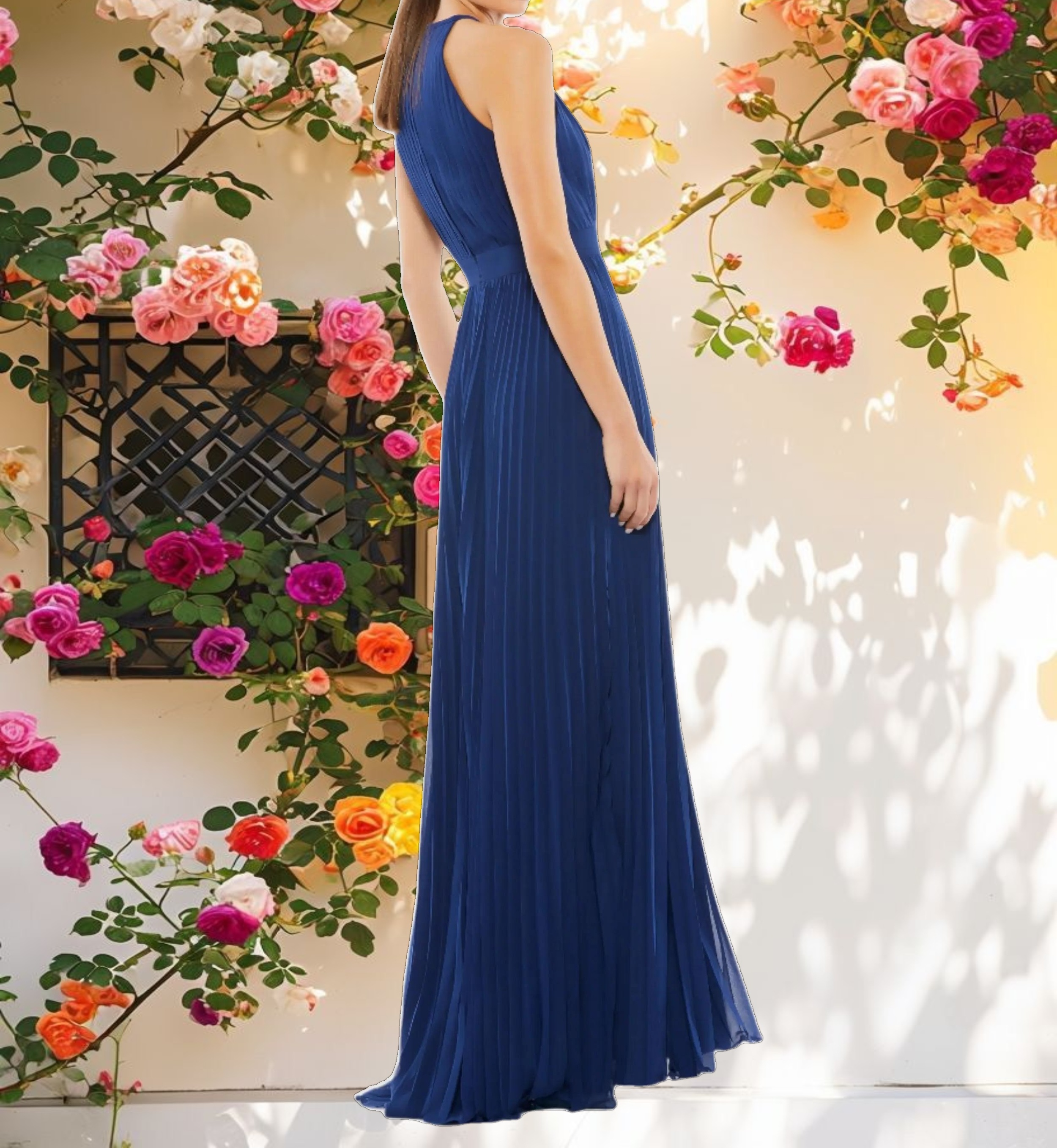 Navy Pleated Halter Neck Flowy Gown