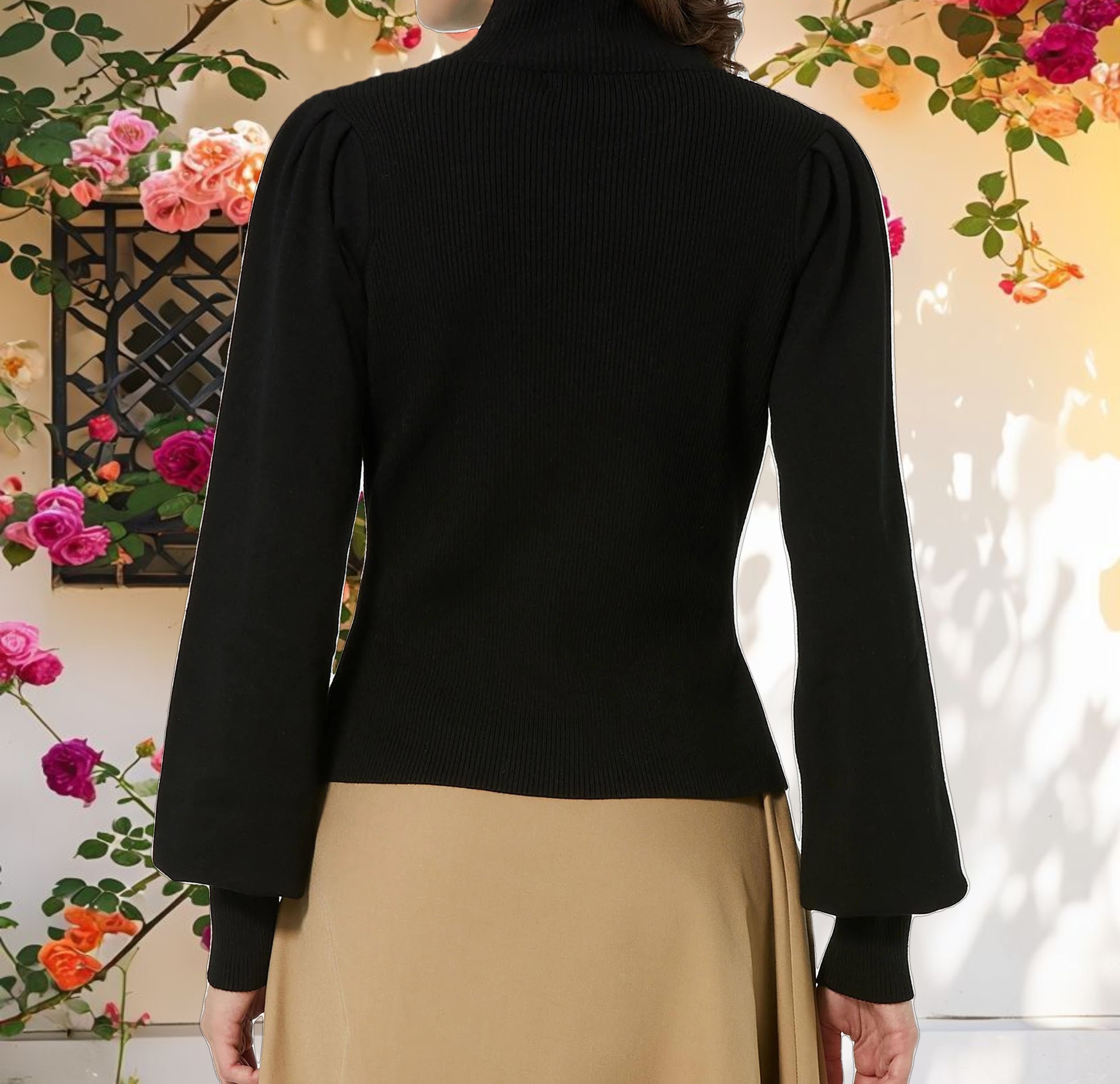 Ribbed Knit Balloon Sleeve Turtle Neck Sweater