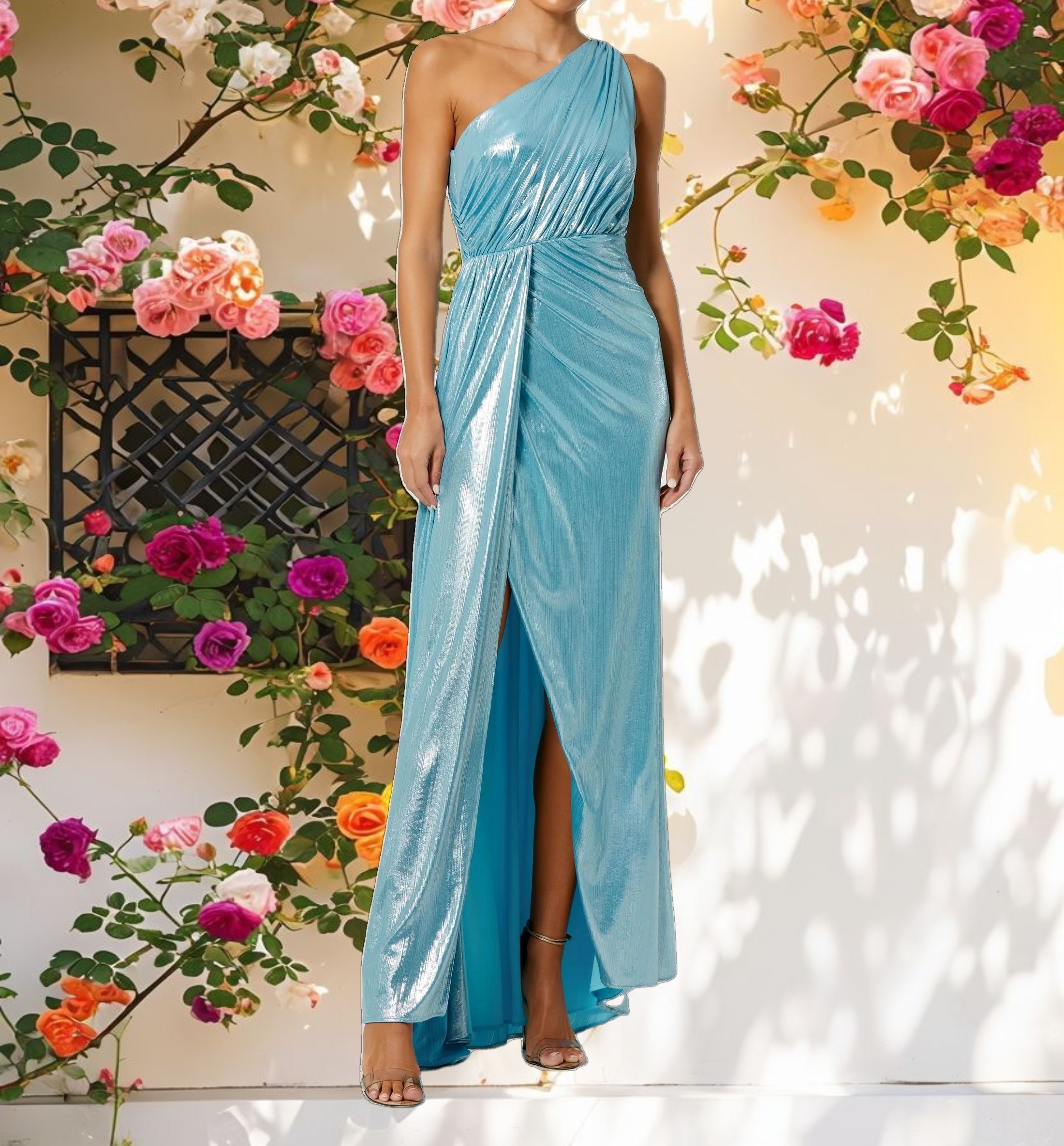 Blue One Shoulder Draped Gown