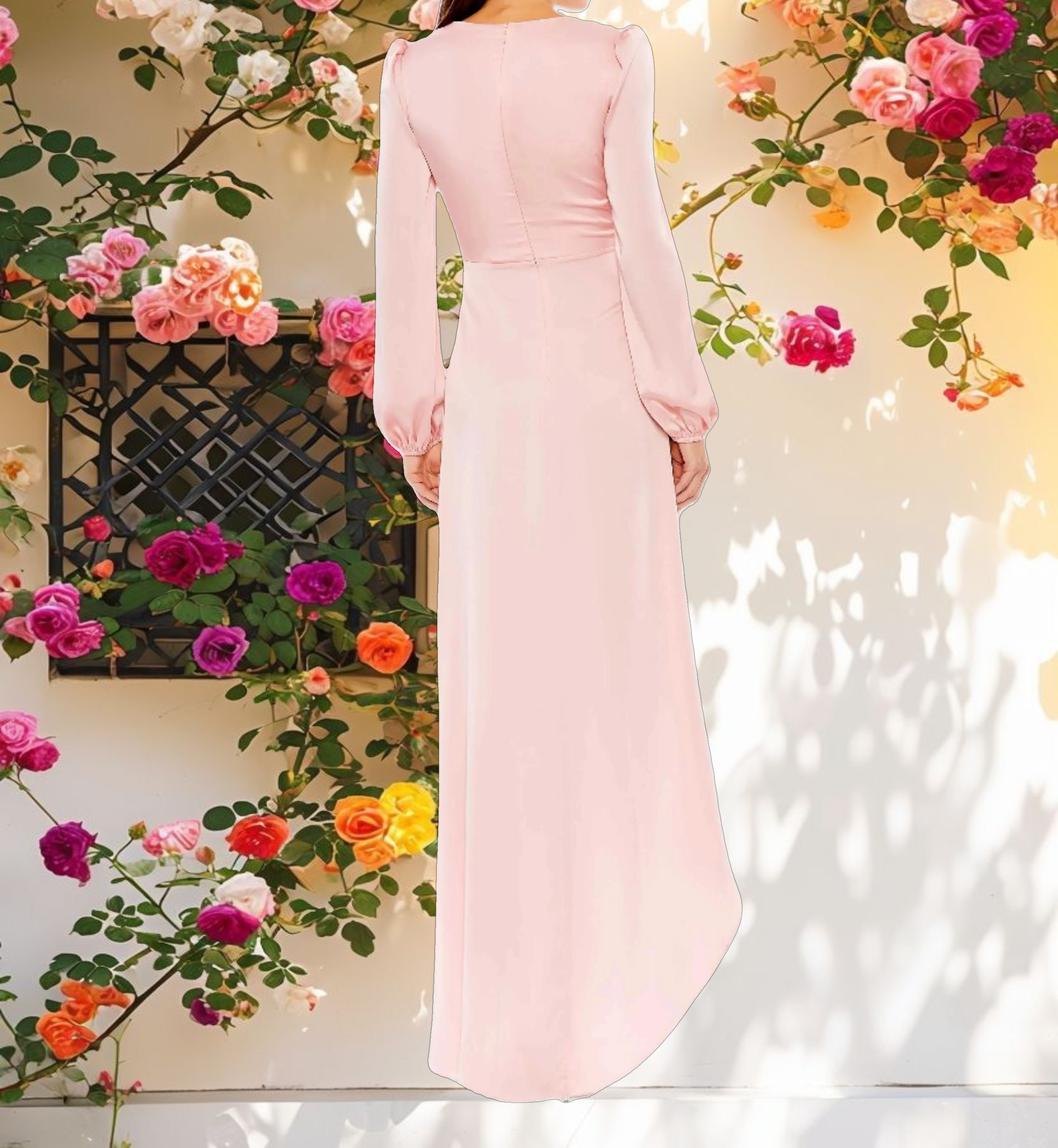 Pink Draped Faux Wrap Puff Long Sleeve Gown