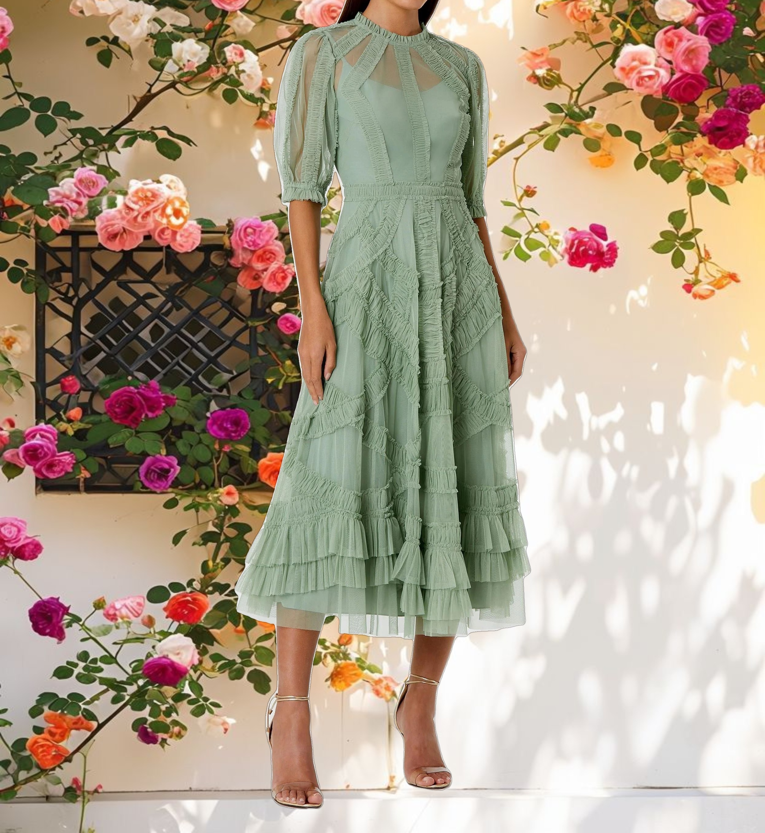 High Neck Ruffle Tiered Midi Dress