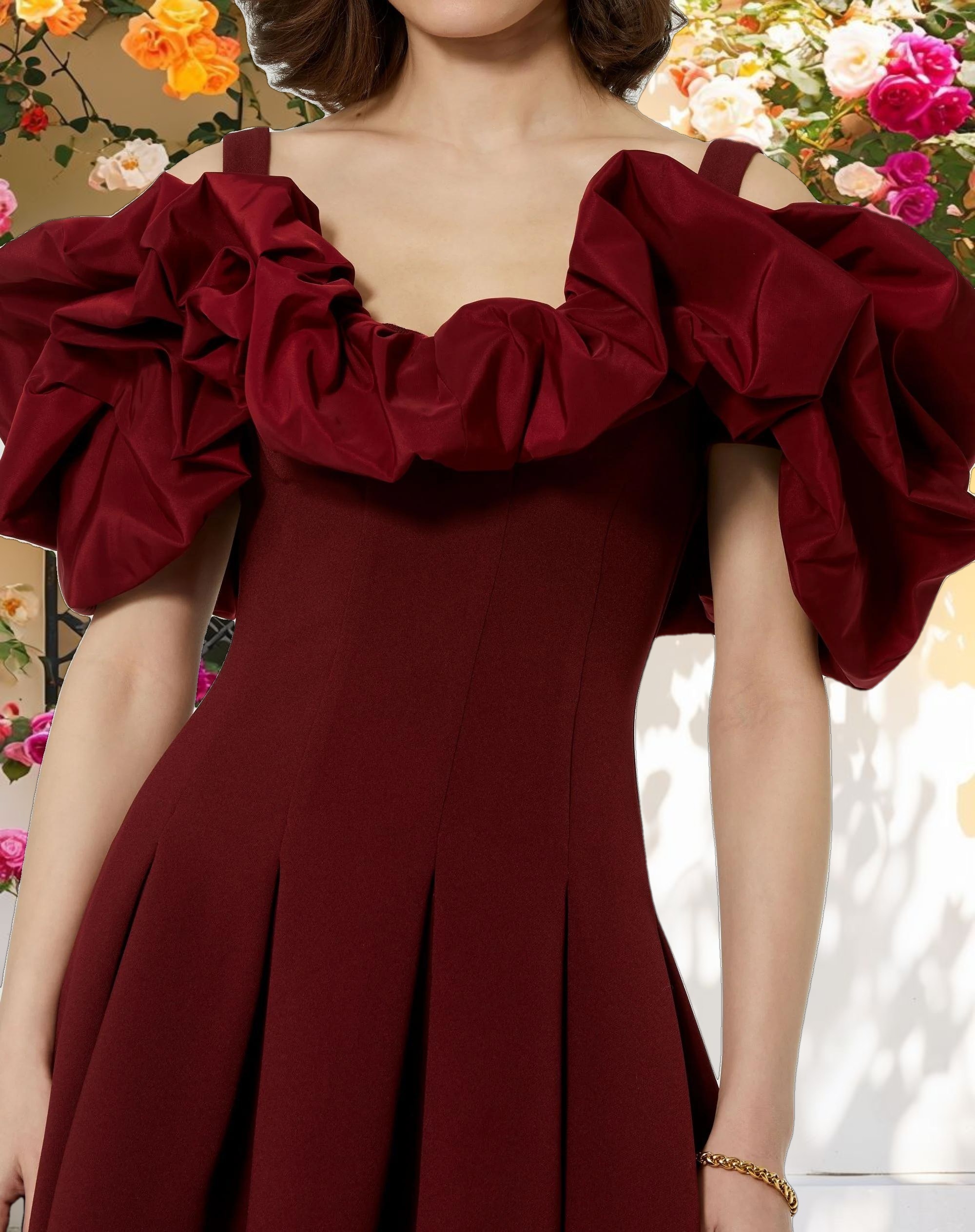 Red Crepe Godet Hem Mini Dress