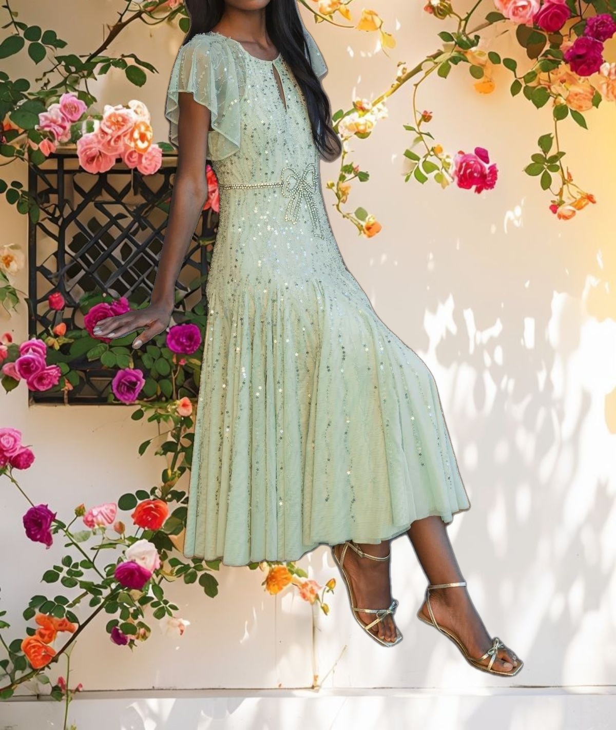 Green Embellished Bow Flutter Sleeve A Line Midi Dress