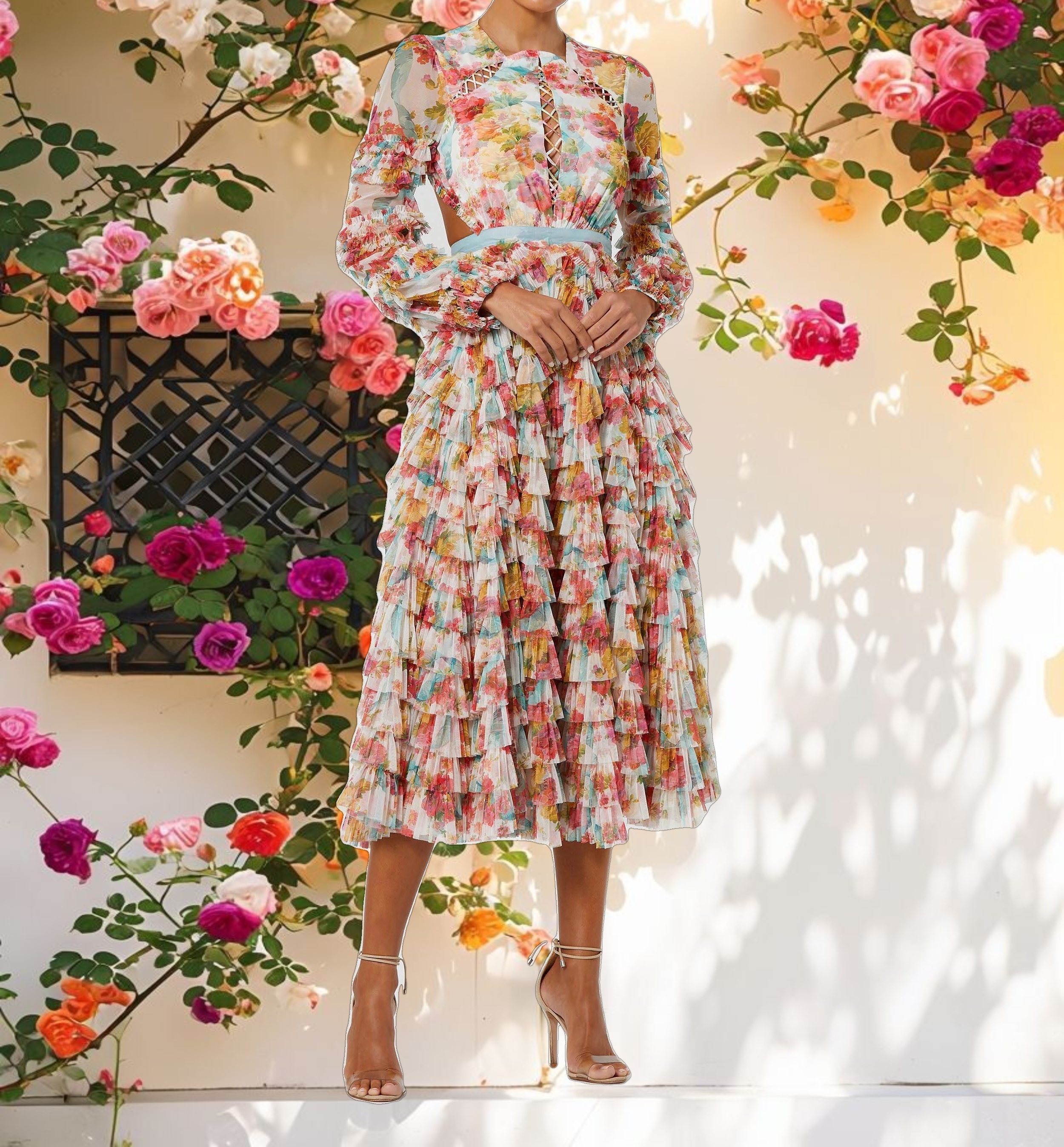 Multicolor Long Sleeve Ruffle Criss Cross Midi Dress