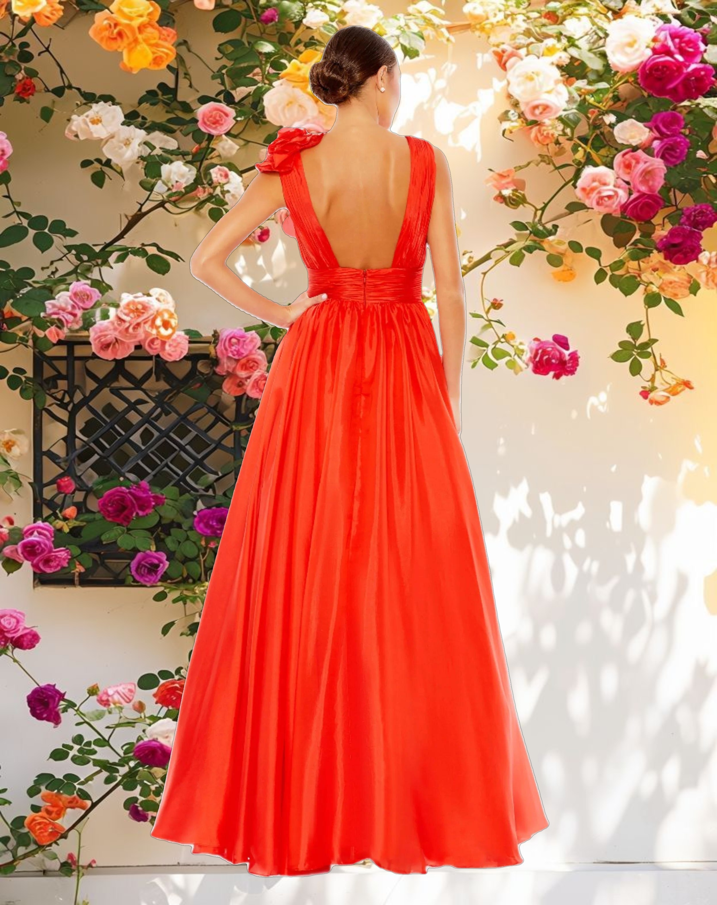 Red Ruffle Shoulder V-Neck Chiffon Gown