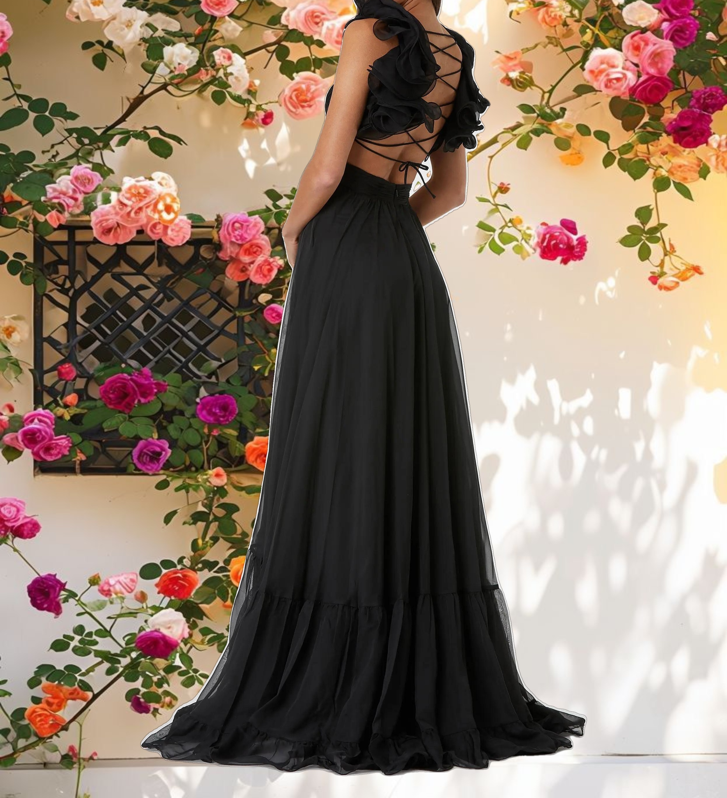 Ruffle Tiered Cut Out Chiffon Gown