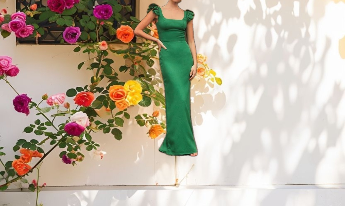Green Ruffle Cap Sleeve Open Back Column Gown