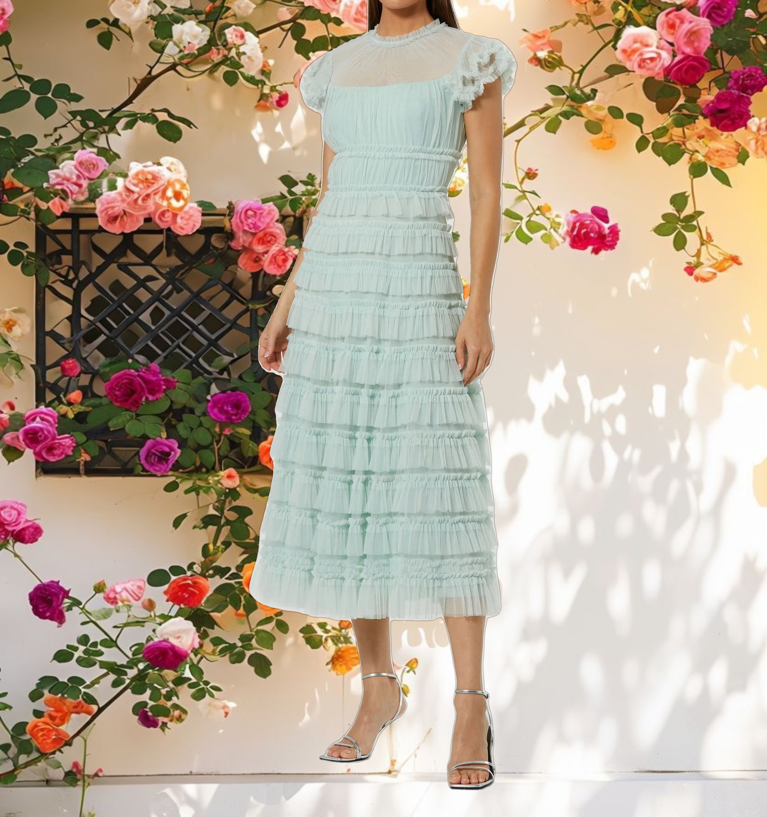 Green Mesh Micro Ruffle High Neck Midi Dress