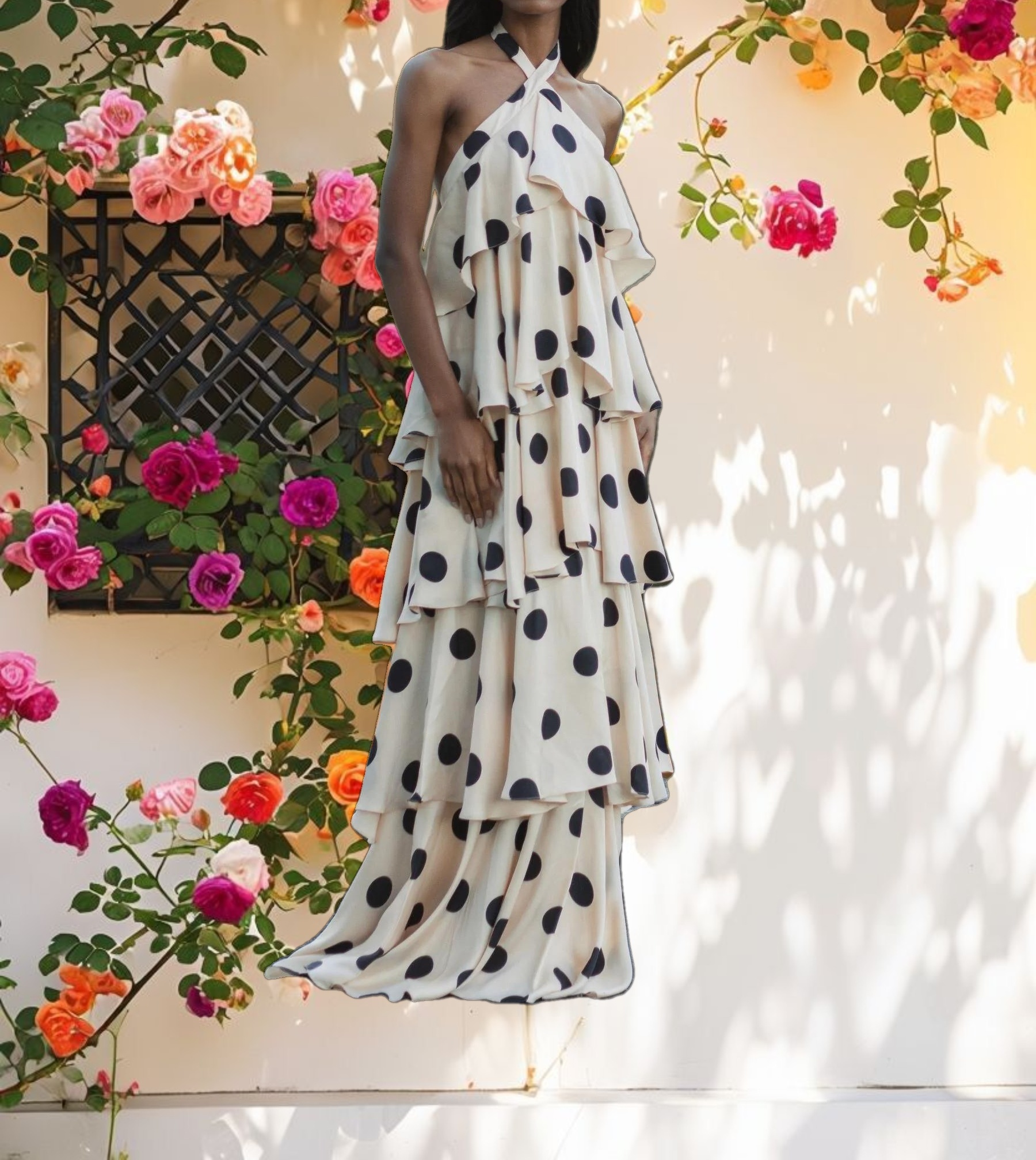 Beige Tiered Ruffle Polka Dot Charmeuse Gown