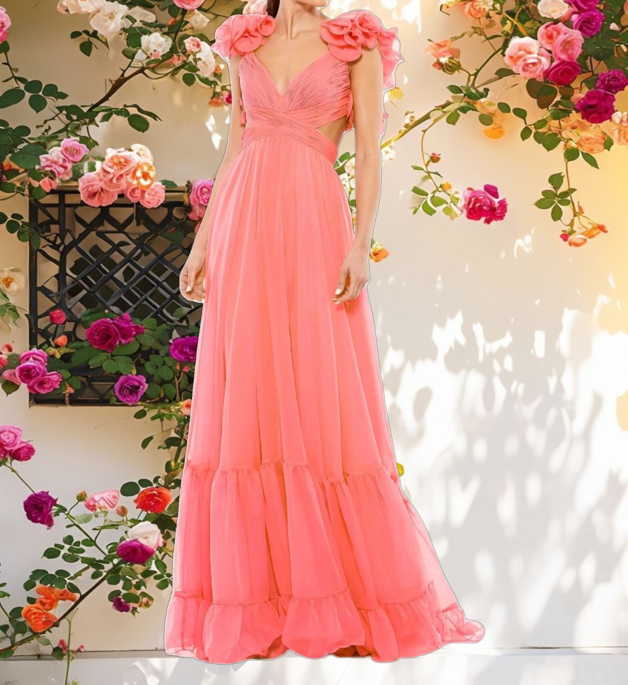 Ruffle Tiered Cut Out Chiffon Gown