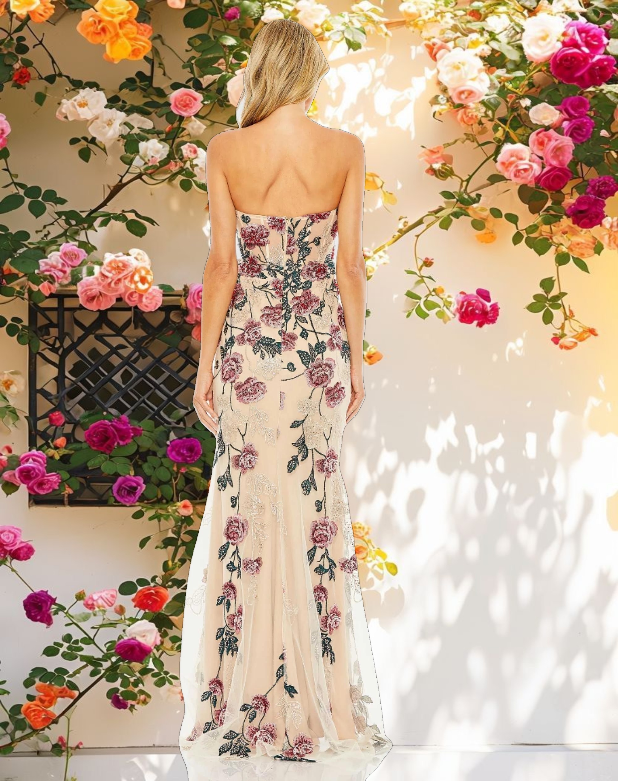Striped Floral Embroidered Gown