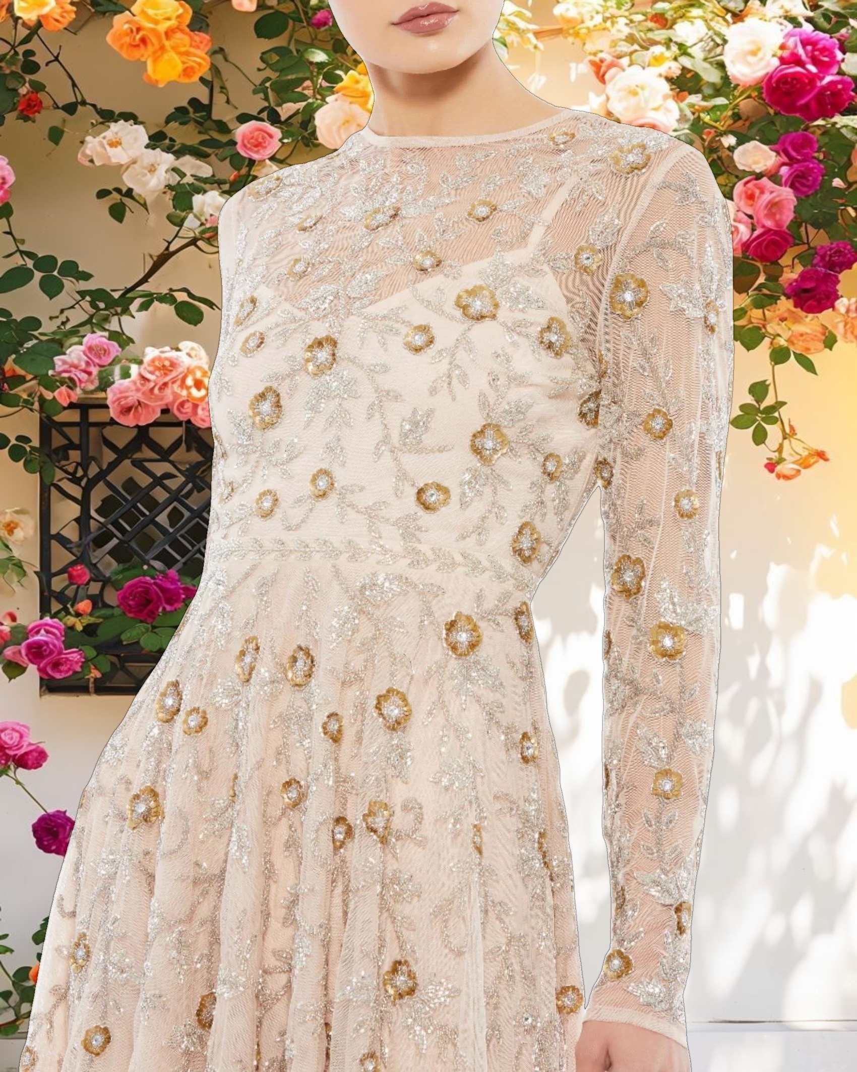 Beige Beaded Illusion High Neck Long Sleeve A Line Gown