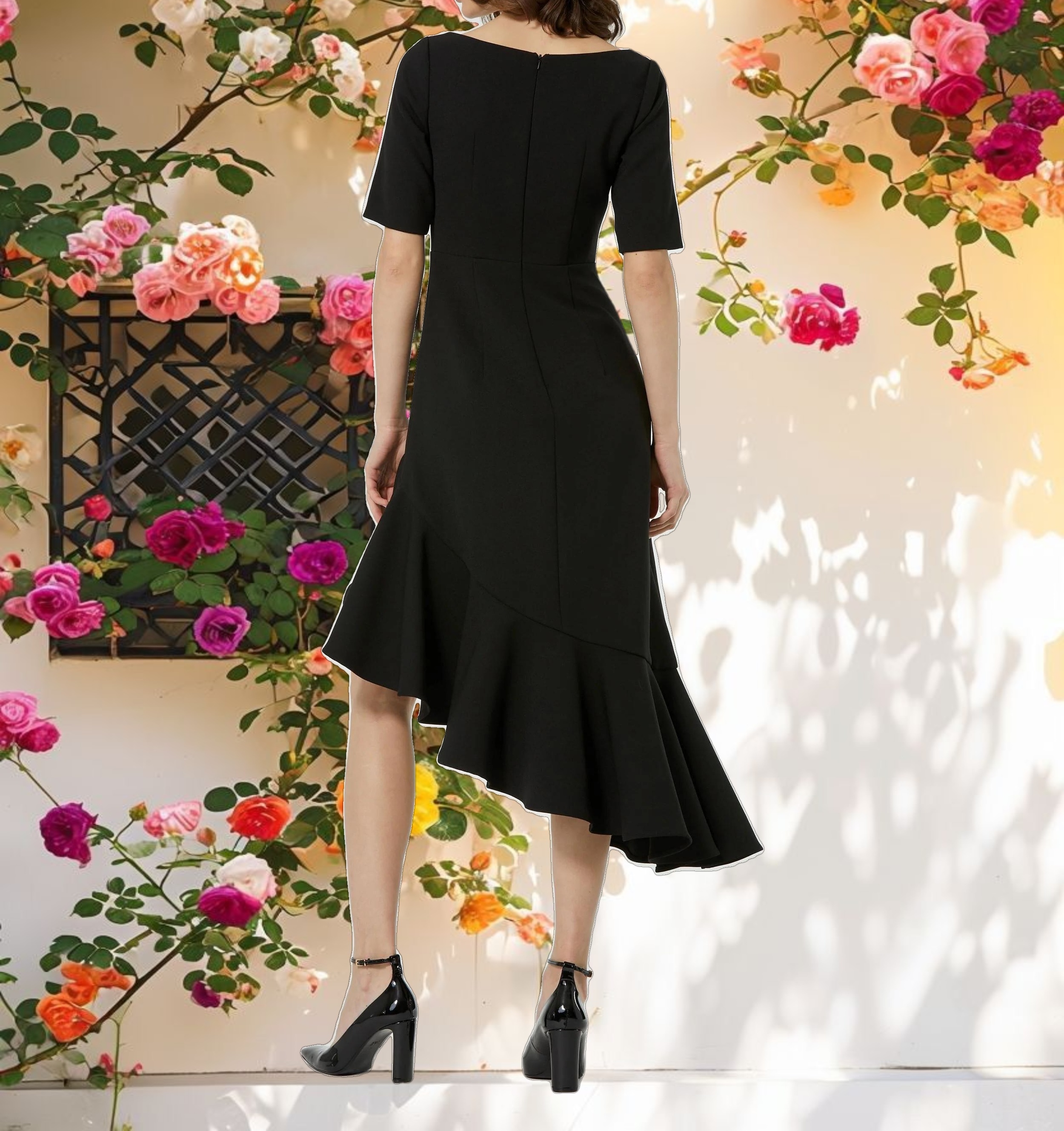 Black Crepe 34 Sleeve Asymmetrical Hem Dress