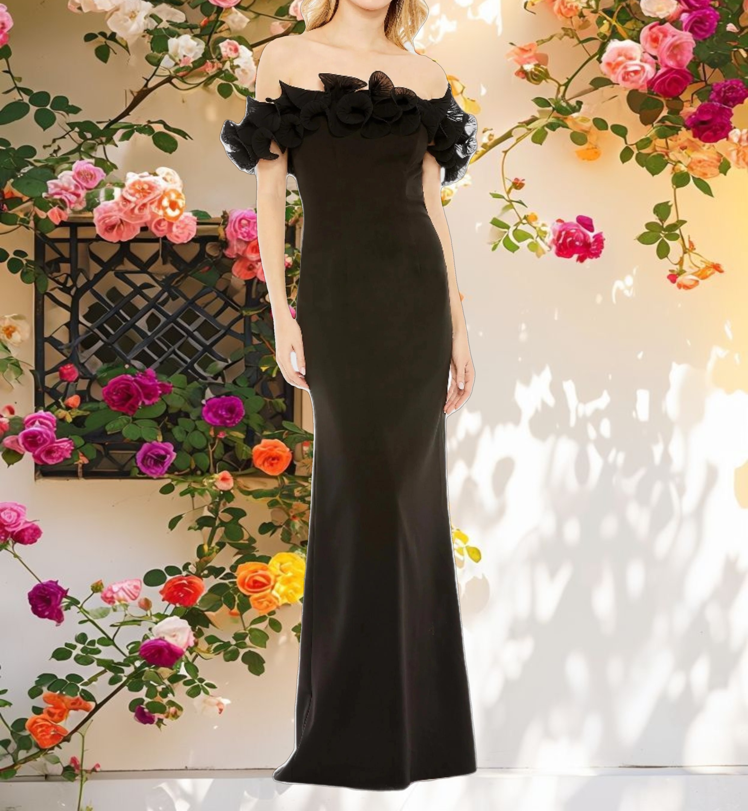 Black Off the Shoulder Ruffle Detail Column Gown