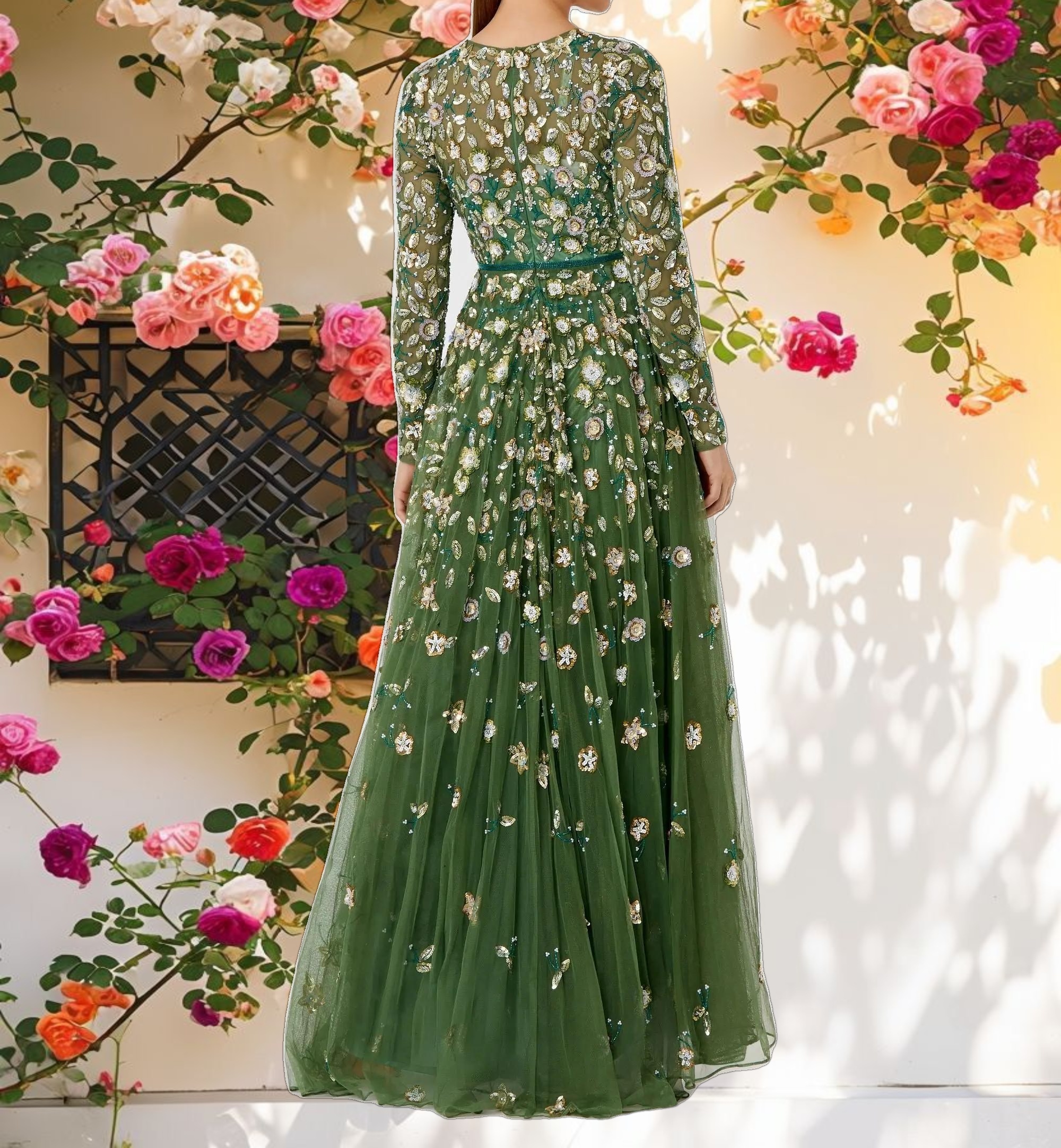 Green Embellished High Neck Long Sleeve A Line Gown