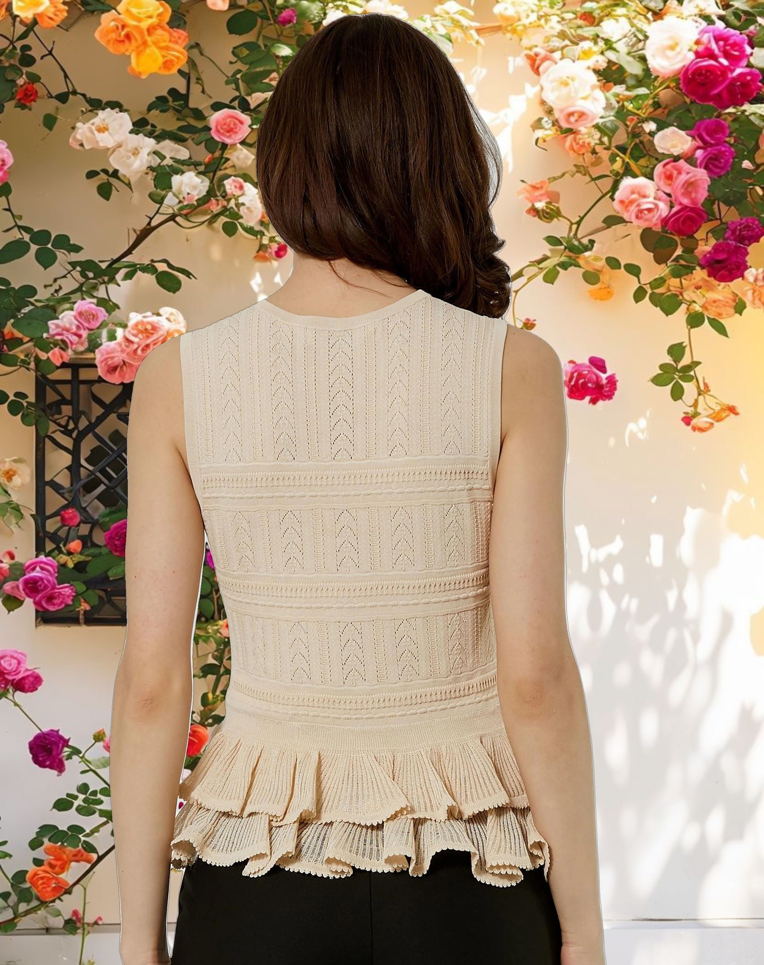 Sleeveless High Neck Knit Top With Ruffle Hem