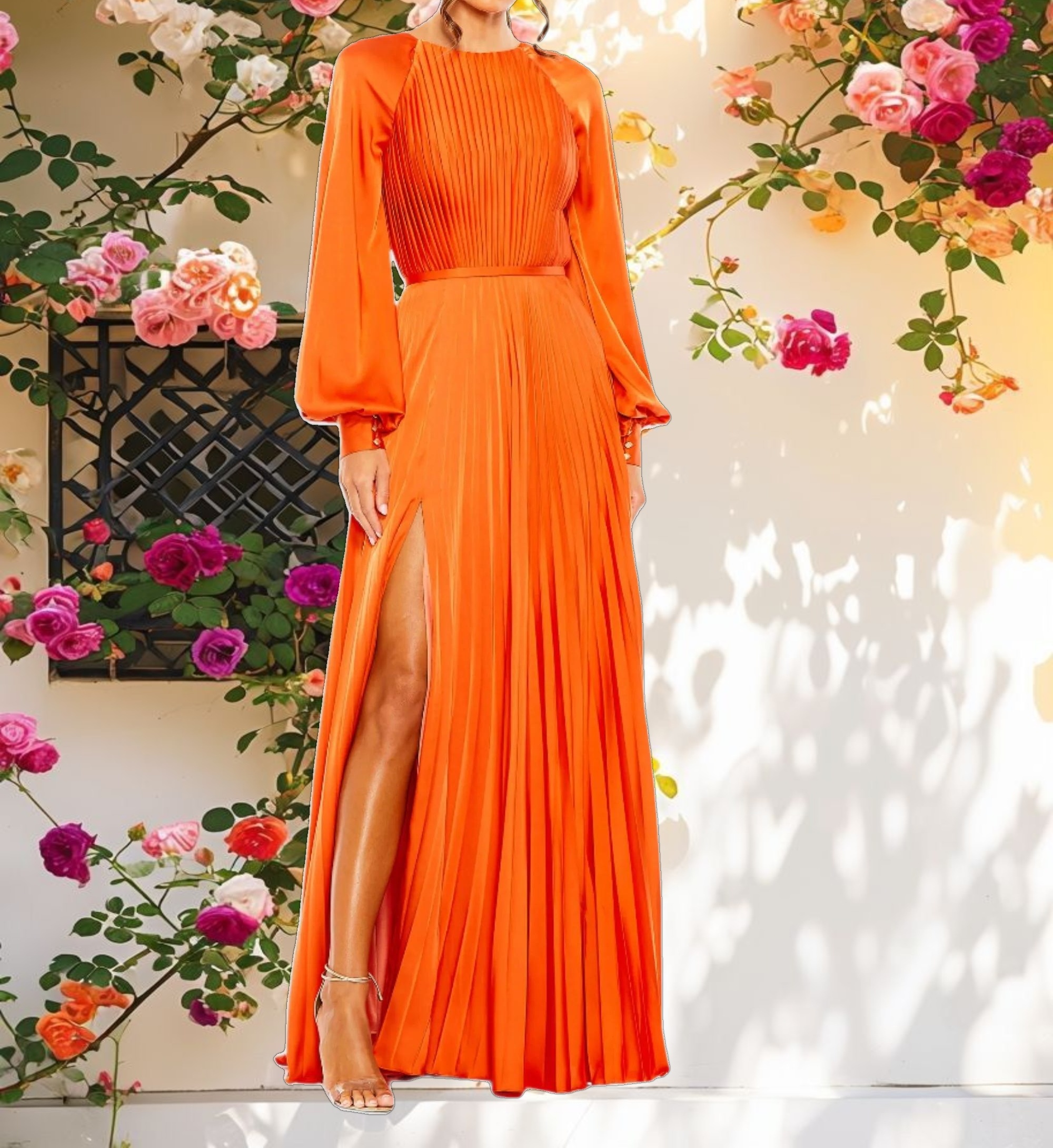 Pleated High Neck Raglan Long Sleeve Side Slit Gown