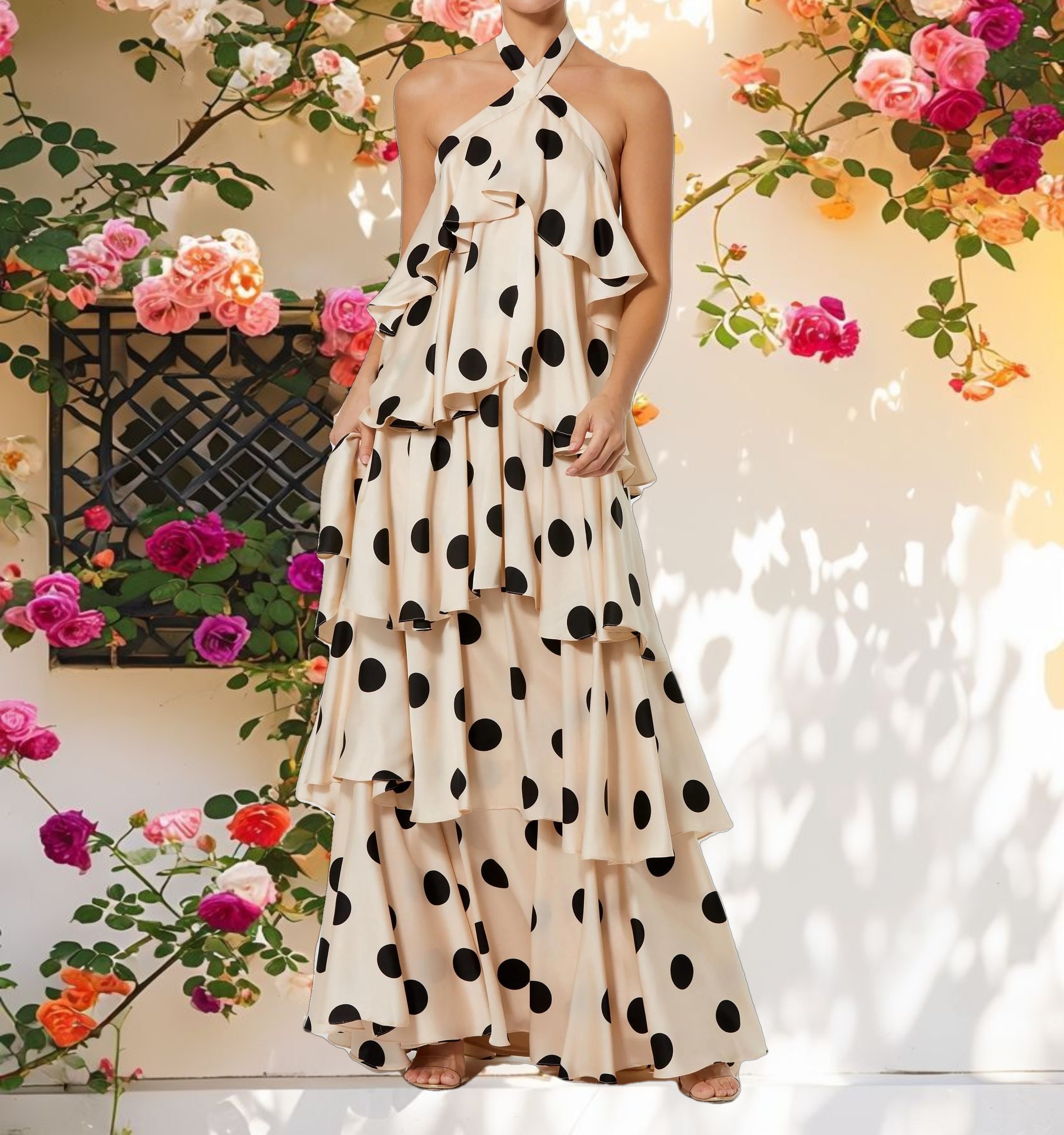 Beige Tiered Ruffle Polka Dot Charmeuse Gown