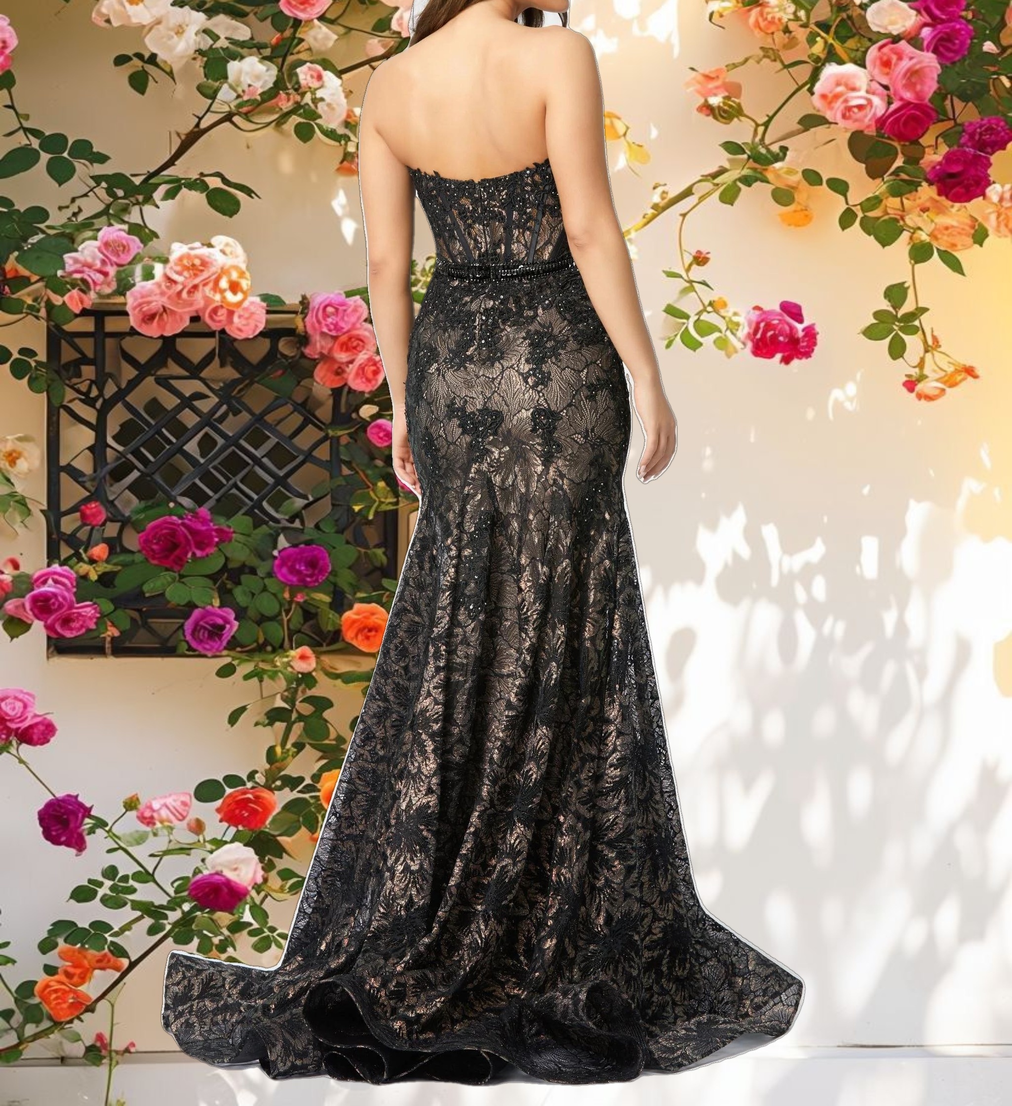 Black Embellished Strapless Sweetheart Trumpet Gown