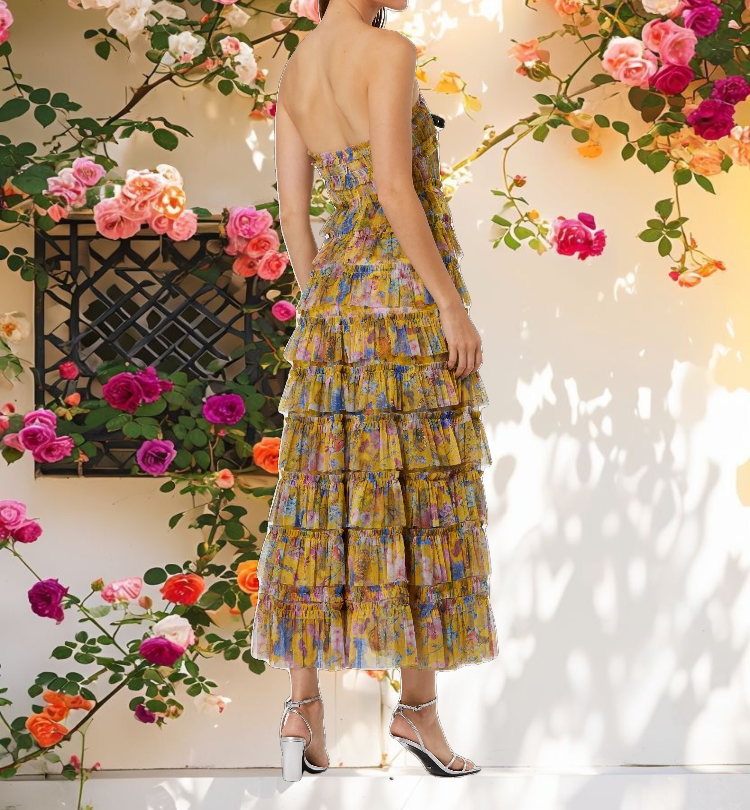 Ruffle Mesh Strapless Ankle Dress