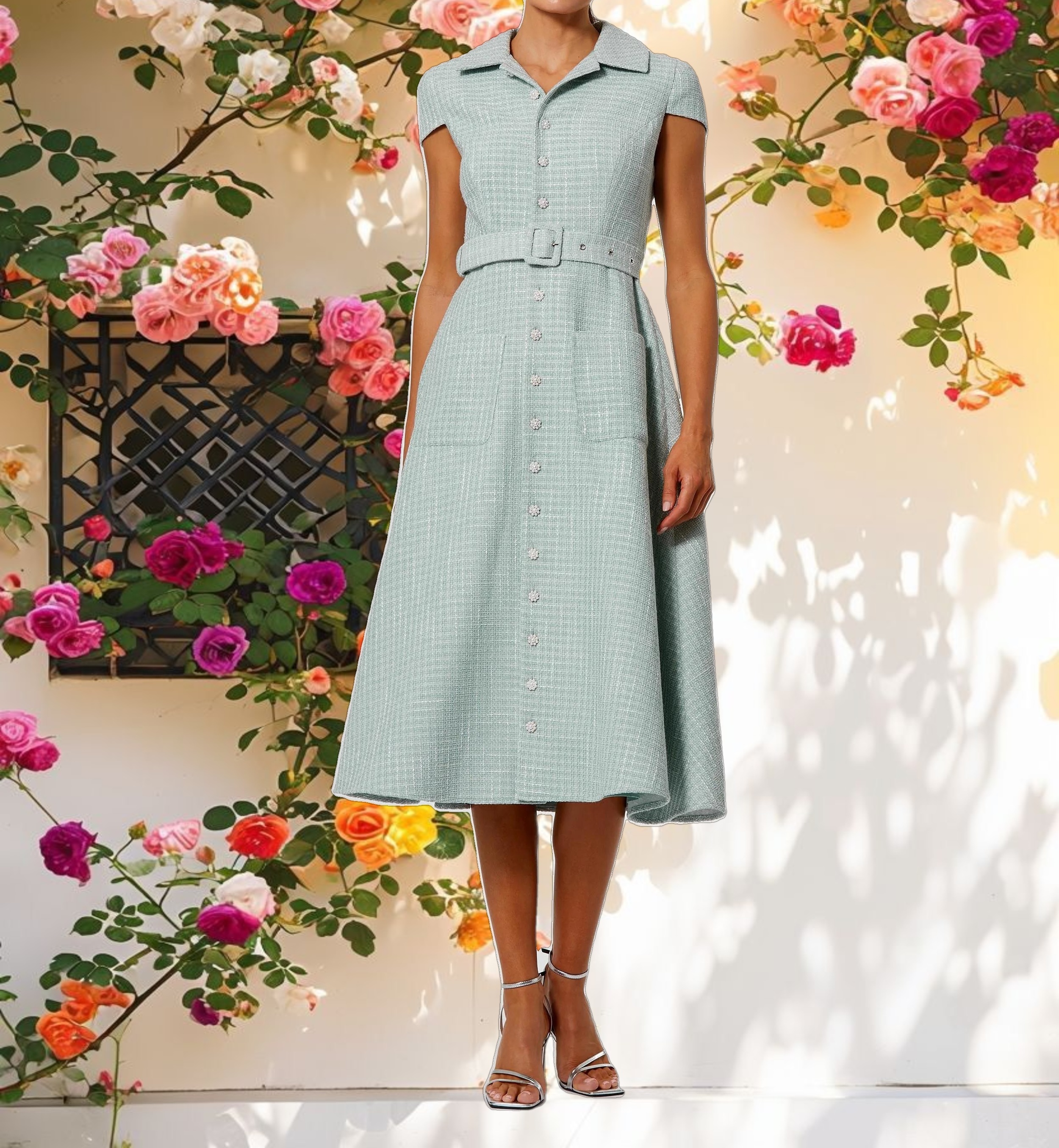 Blue Boucle Cap Sleeve Button Up Midi Dress