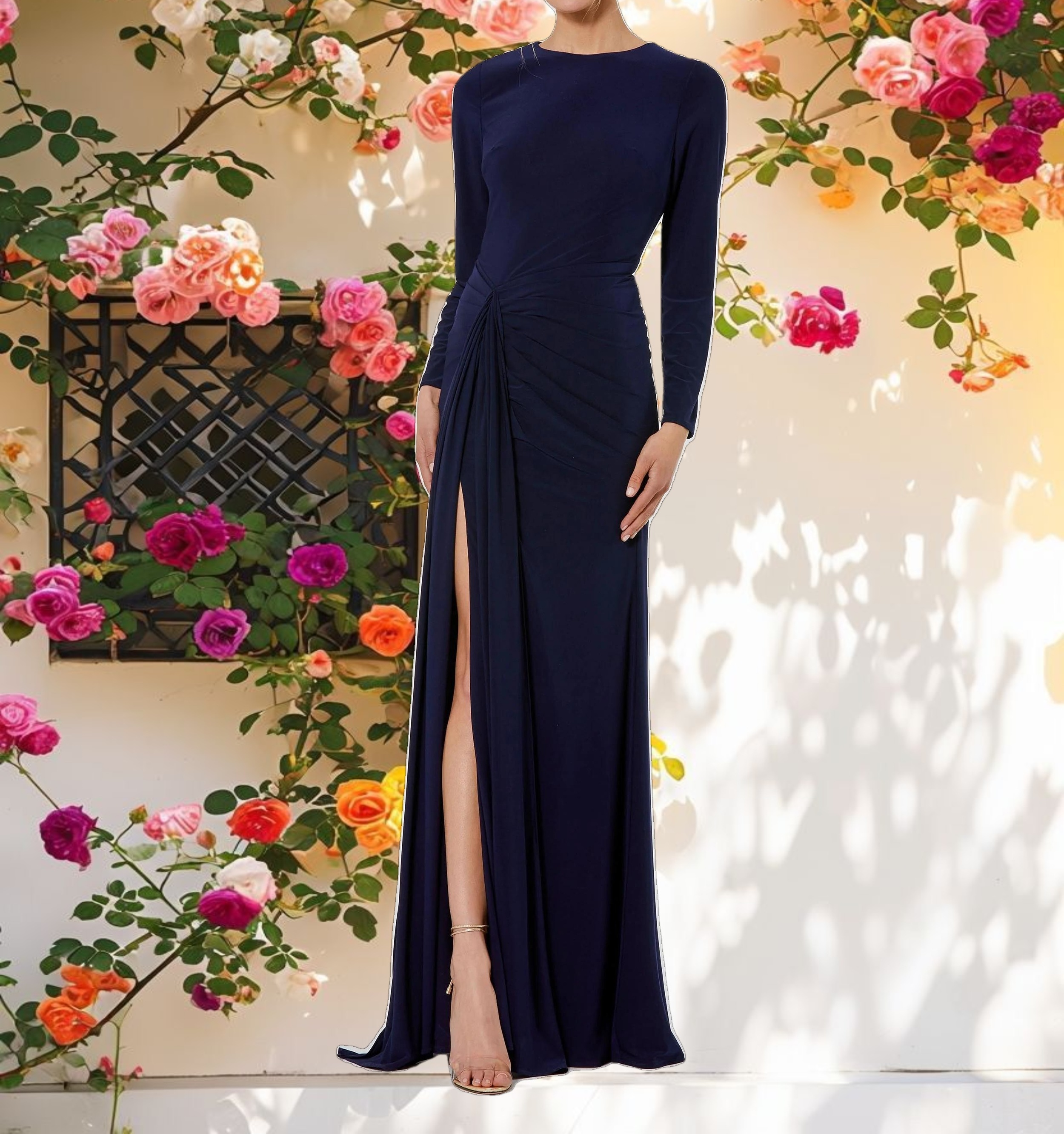 Long Sleeve Fitted Jersey Gown With Ruched Waist