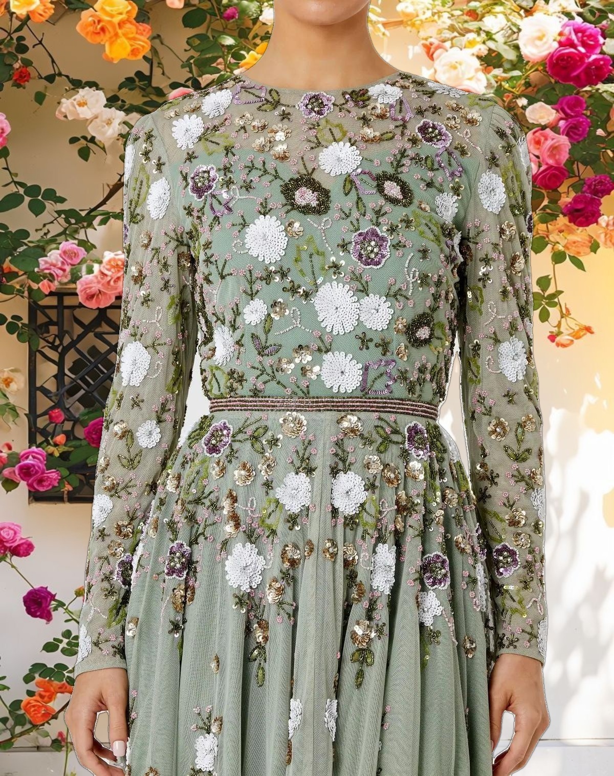 Stylish Sequined Floral Long Sleeve High Neck Midi Dress