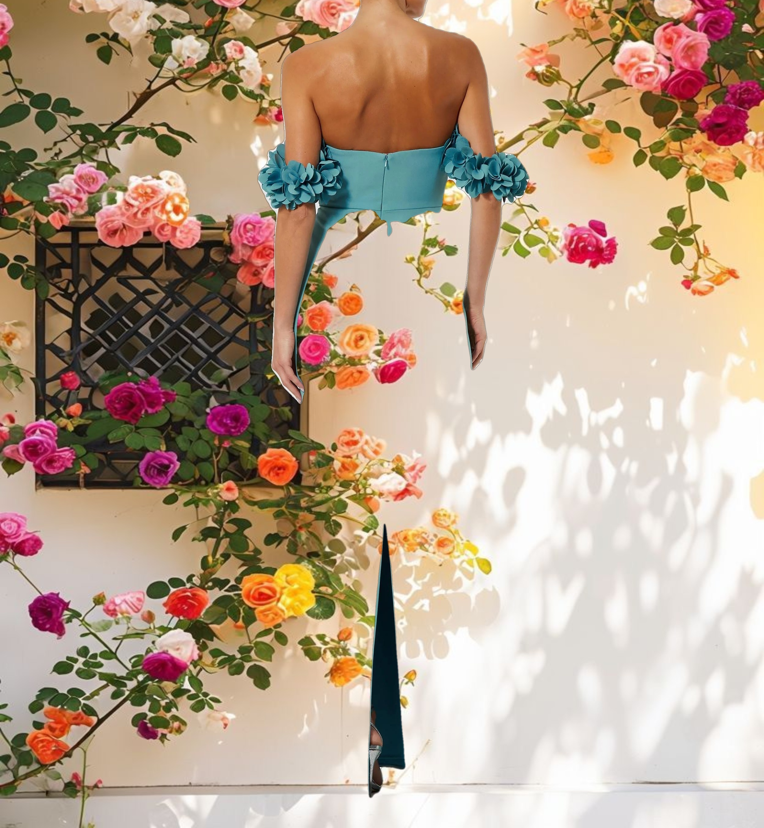 Pink Crepe Off The Shoulder Dress With 3D Flowers