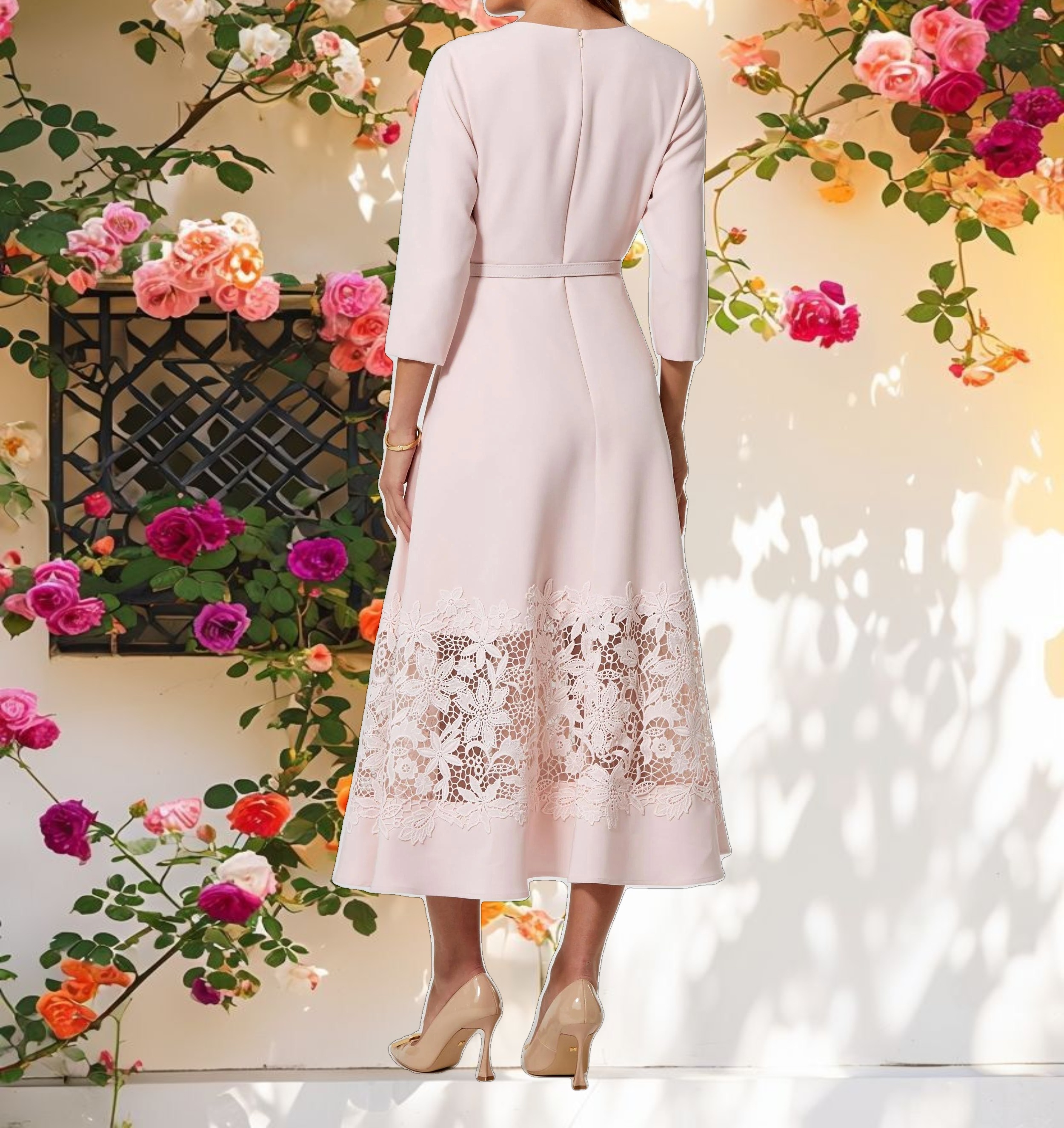 Pink Crepe Boat Neck Midi Dress With Applique Cut Out