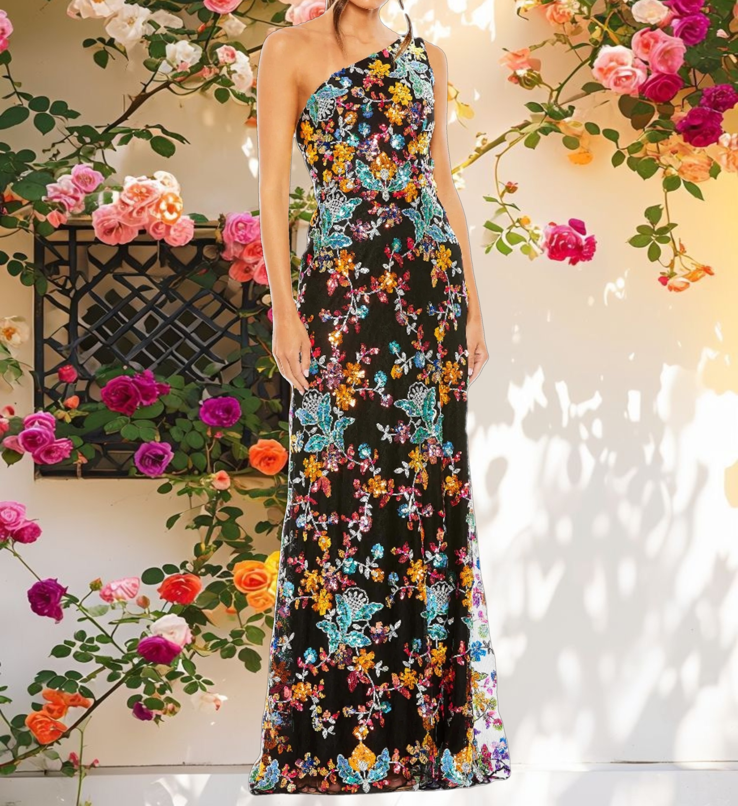 Black Multicolor One Shoulder Floral Sequin Lace Up Gown