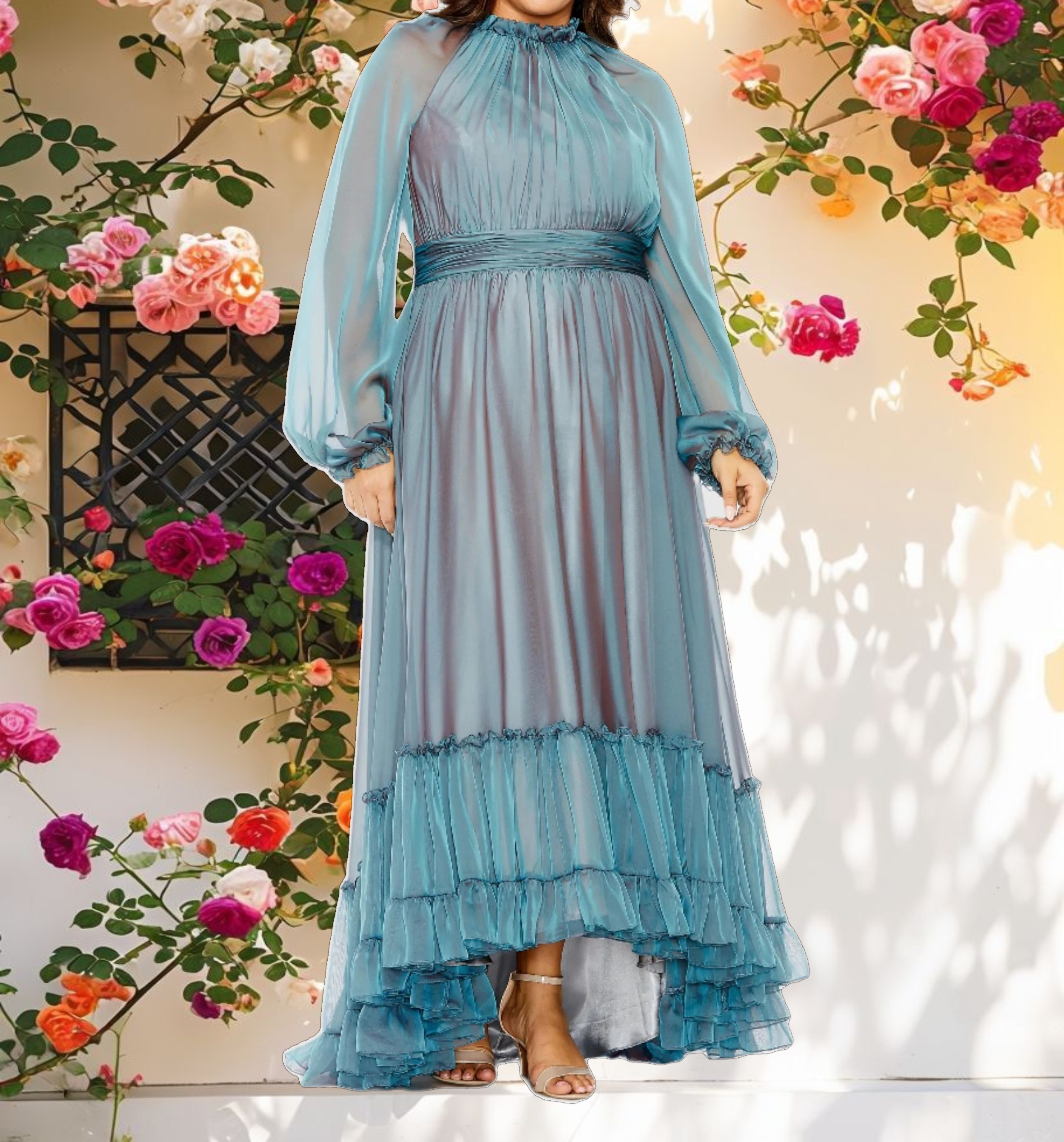 Dress with Decorative Cuff Mock Neck A Line Gown