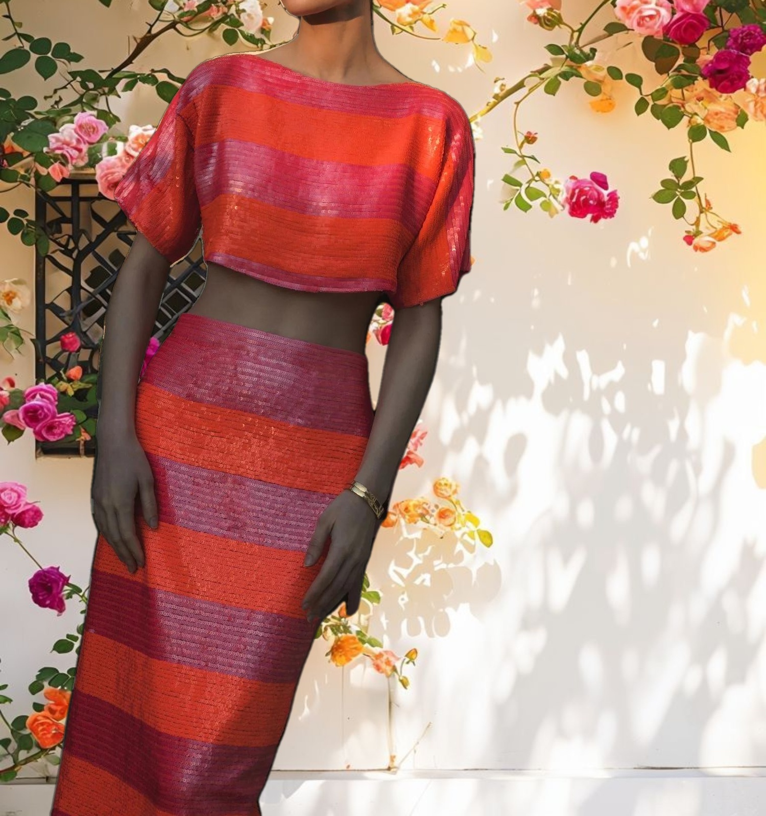 Classic Sequin Striped Midi Pencil Skirt