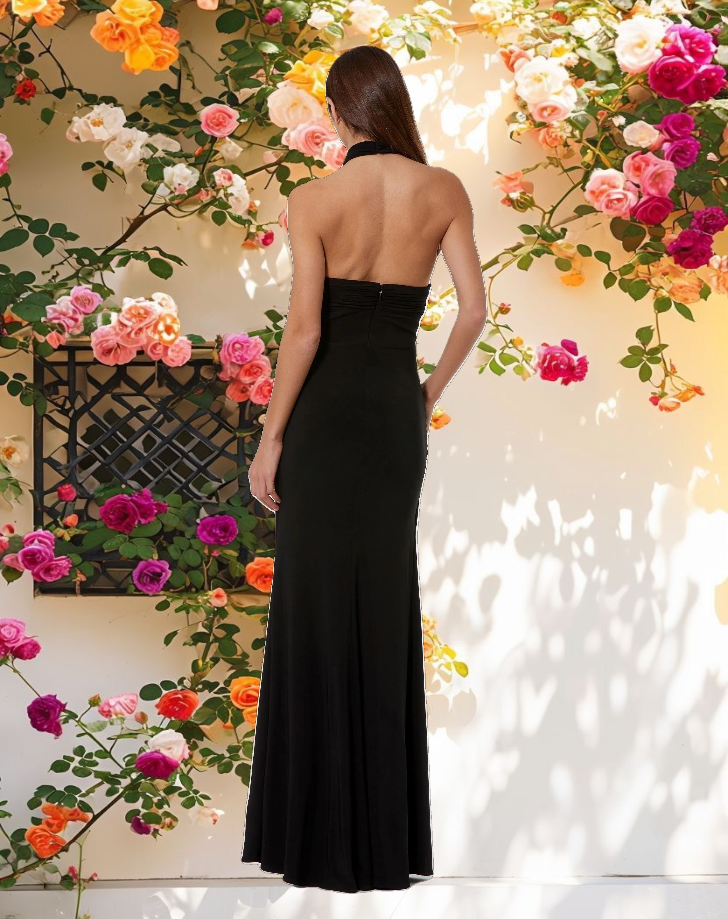 Black Jersey Crossover Halter Neck Gown With 3D Flower