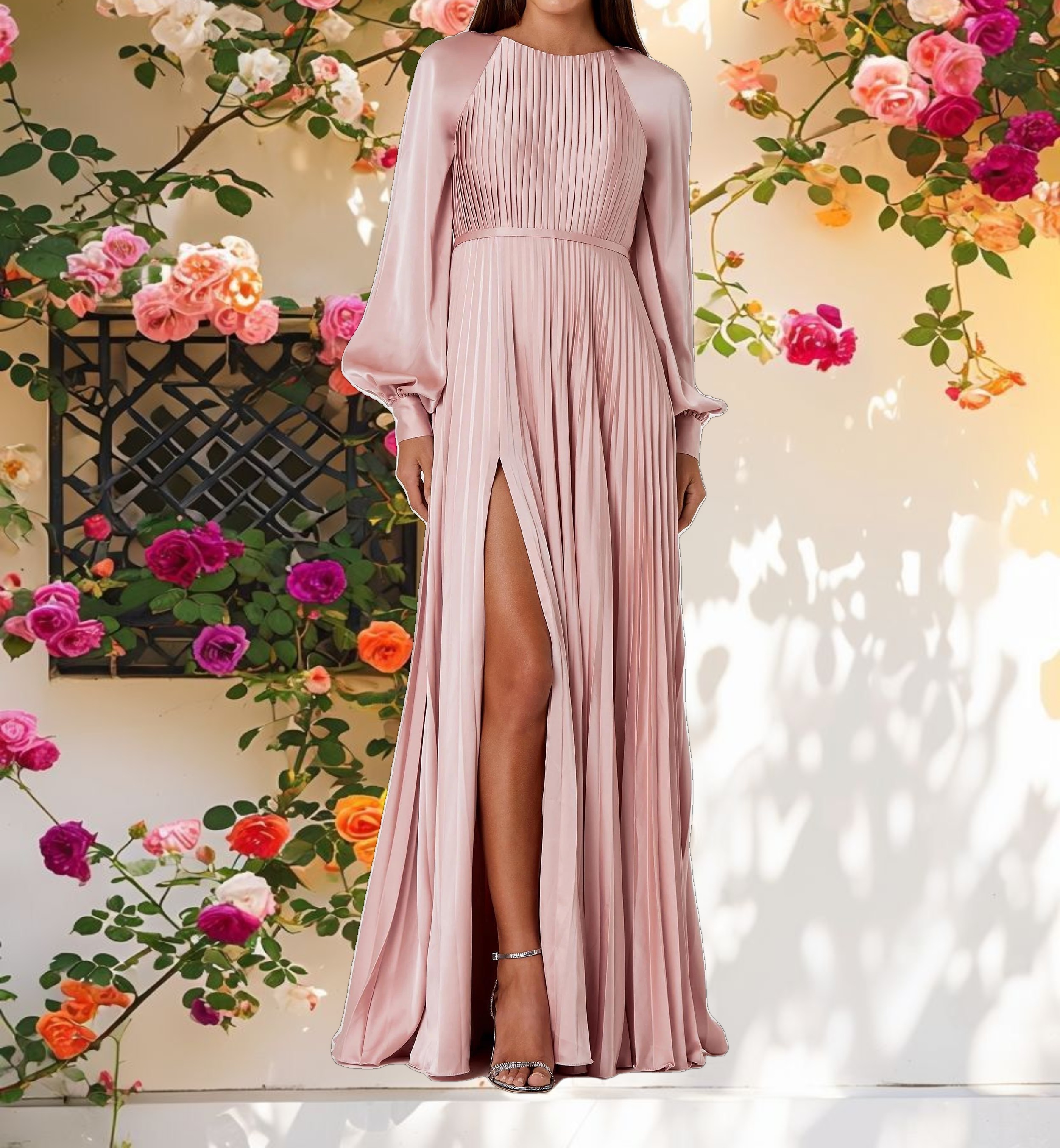 Pleated High Neck Raglan Long Sleeve Side Slit Gown