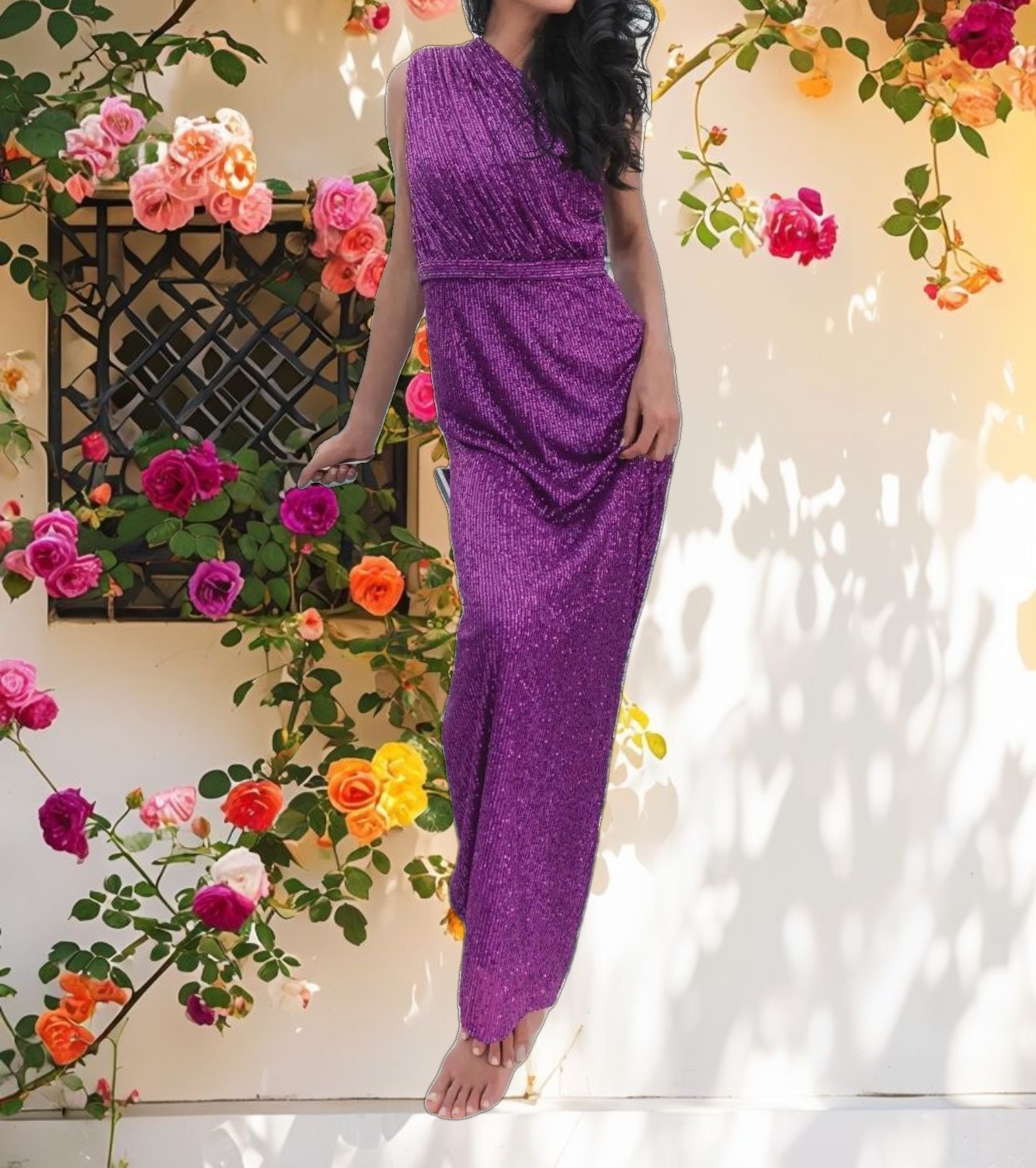 Dark Purple Sequined Ruched One Shoulder Gown