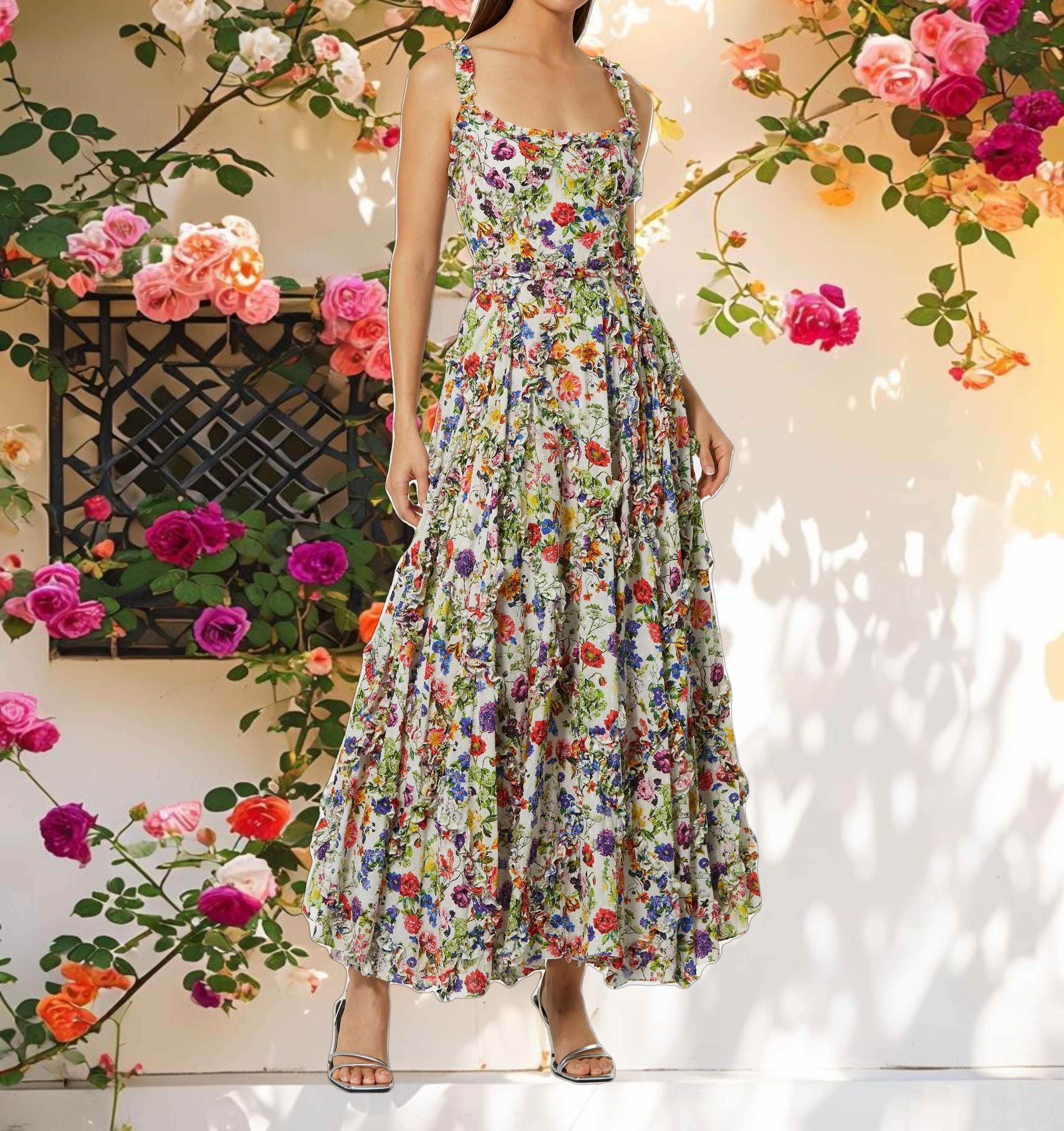 Multicolored Ruffle V-Neck Floral Dress