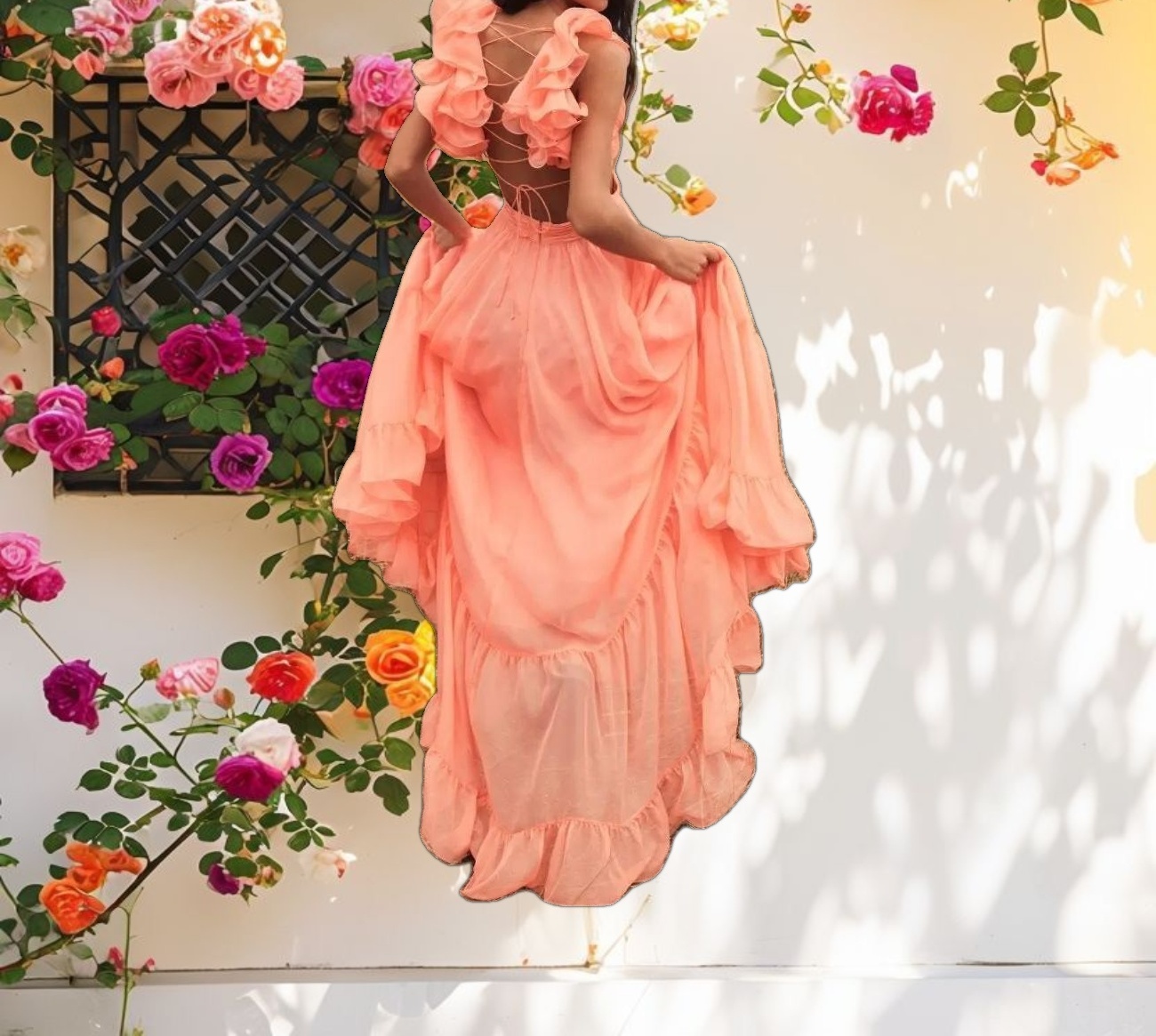 Ruffle Tiered Cut Out Chiffon Gown