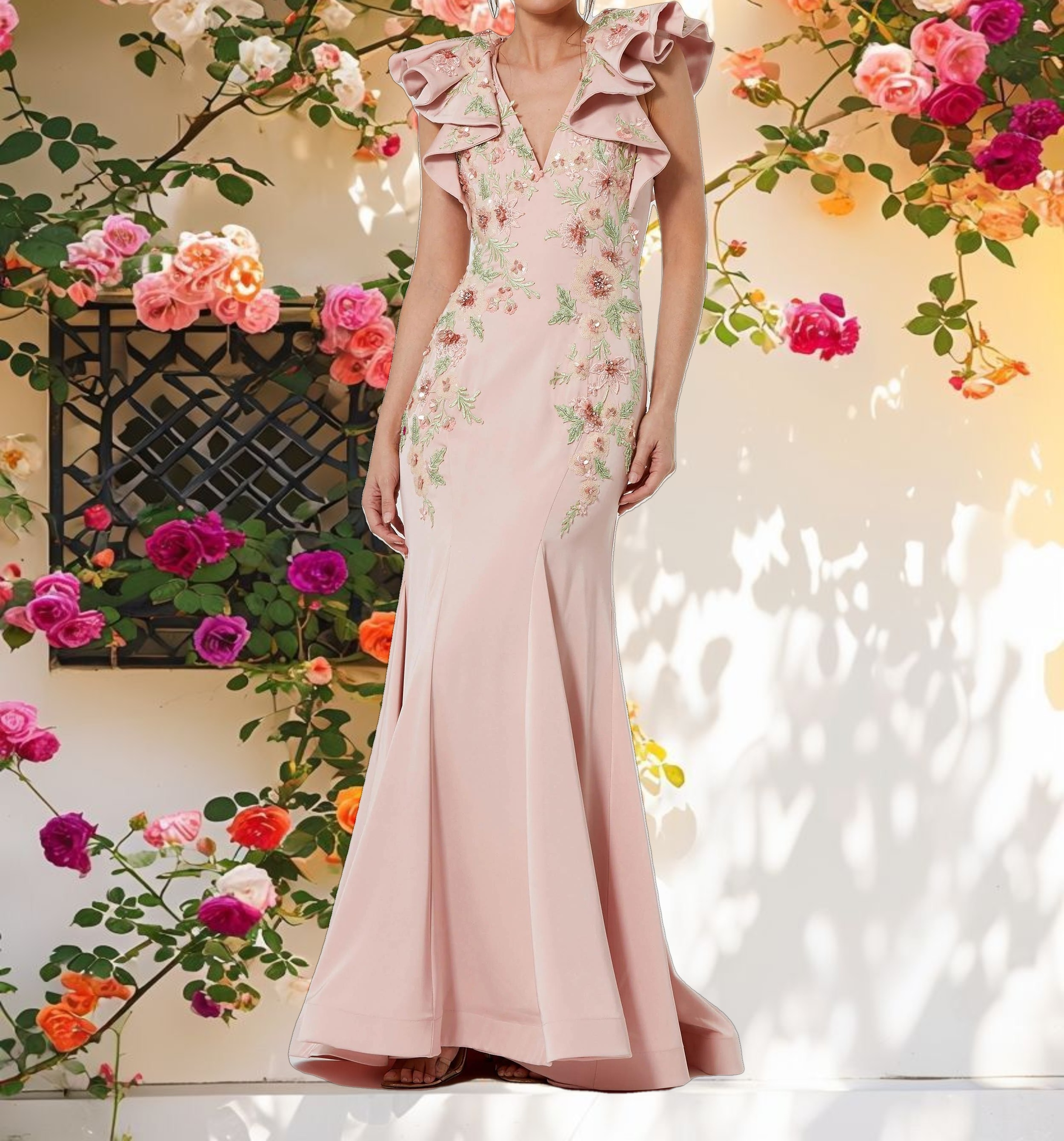 Pink Flutter Sleeve Decorated Mermaid Dress