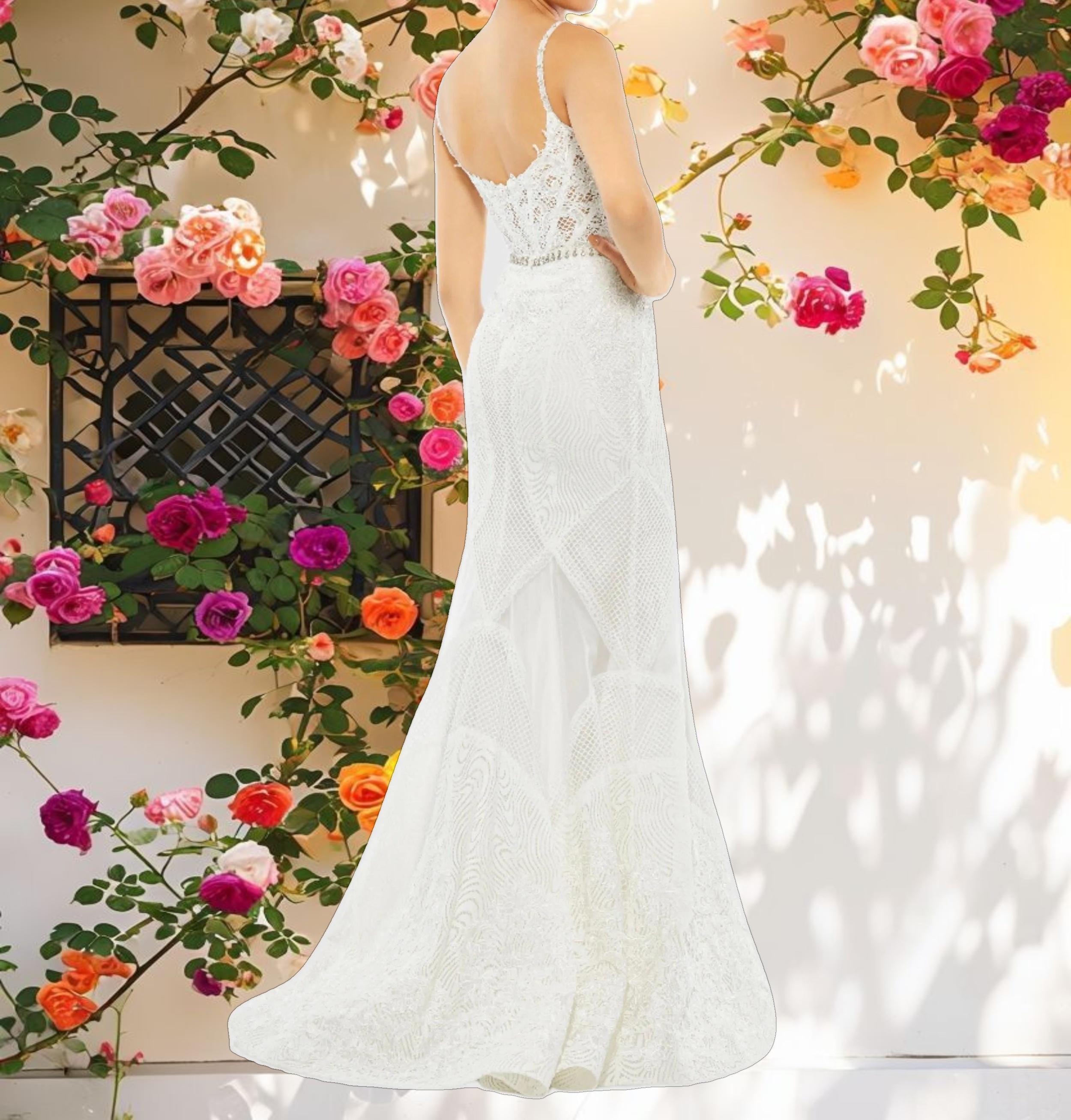 White Embroidered Sleeveless Plunge Neck Trumpet Gown