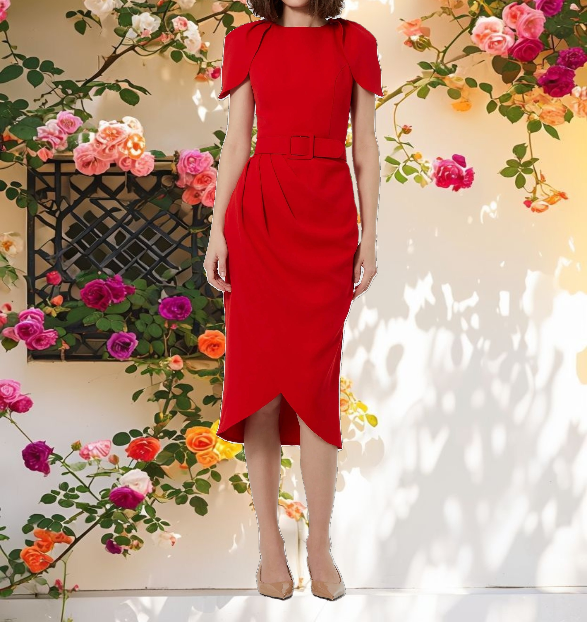 Pink Crepe Boat Neck Midi Tulip Dress With Belt