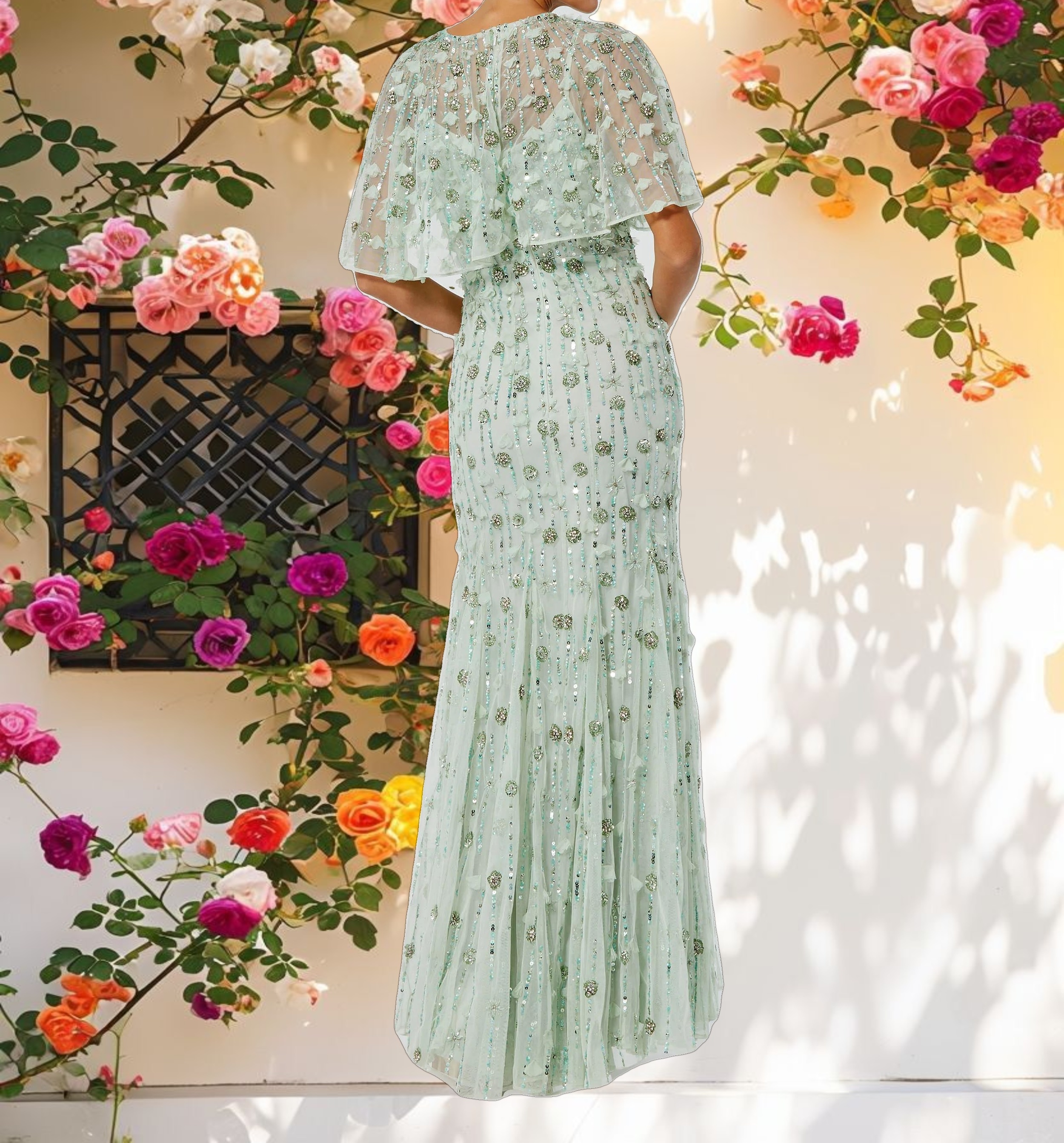 Studded Fabric Gown with Cape Sleeves