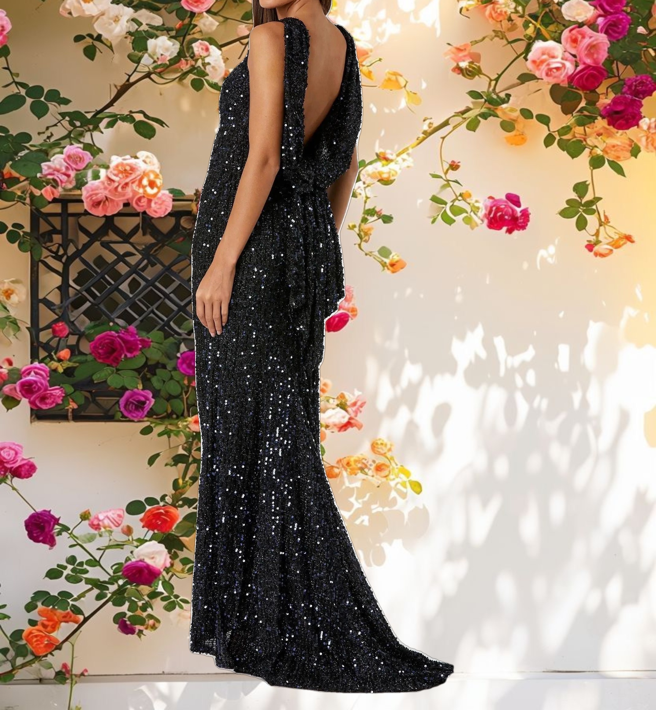 Blue Cowl Back Boat Neck Sequined Evening Gown