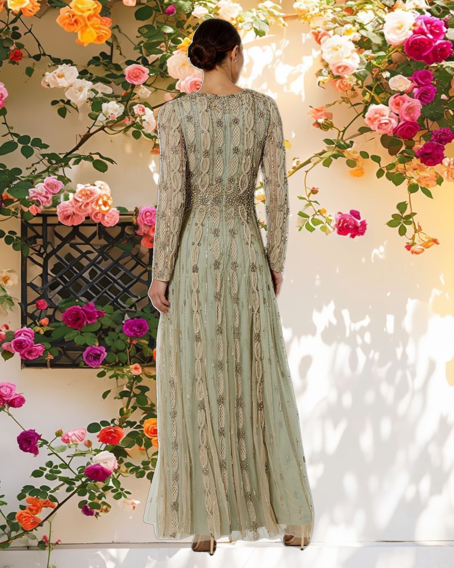 Elegant Embellished Mesh Long Sleeve A Line Gown