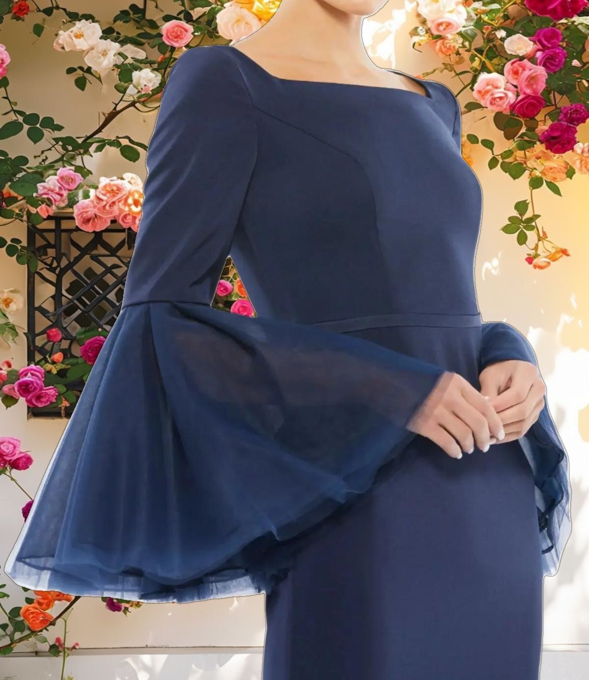 Blue Flounce Sleeve Square Neck Dress