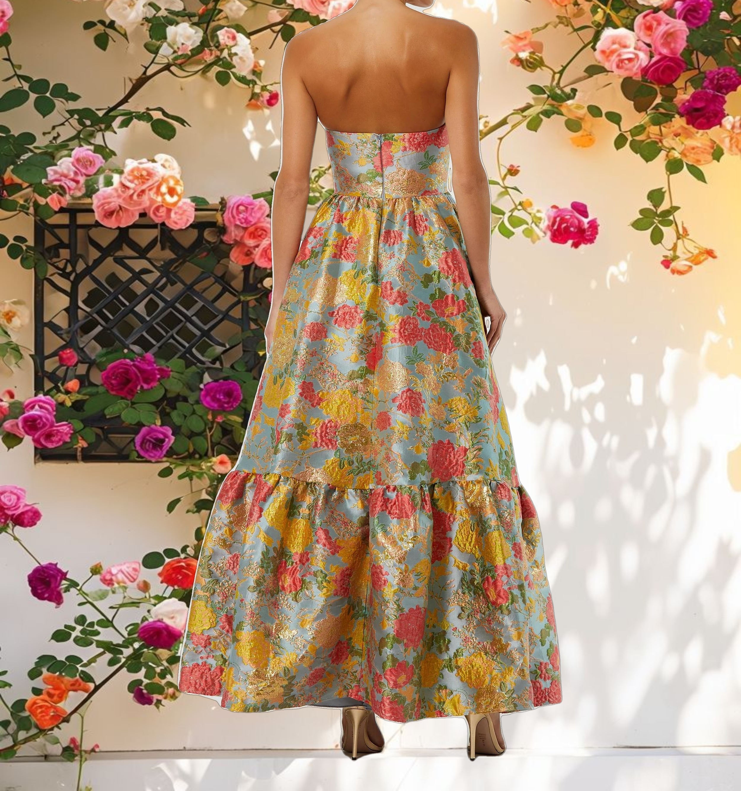 Multi-color Strapless Floral Dress With Ruffle Hem