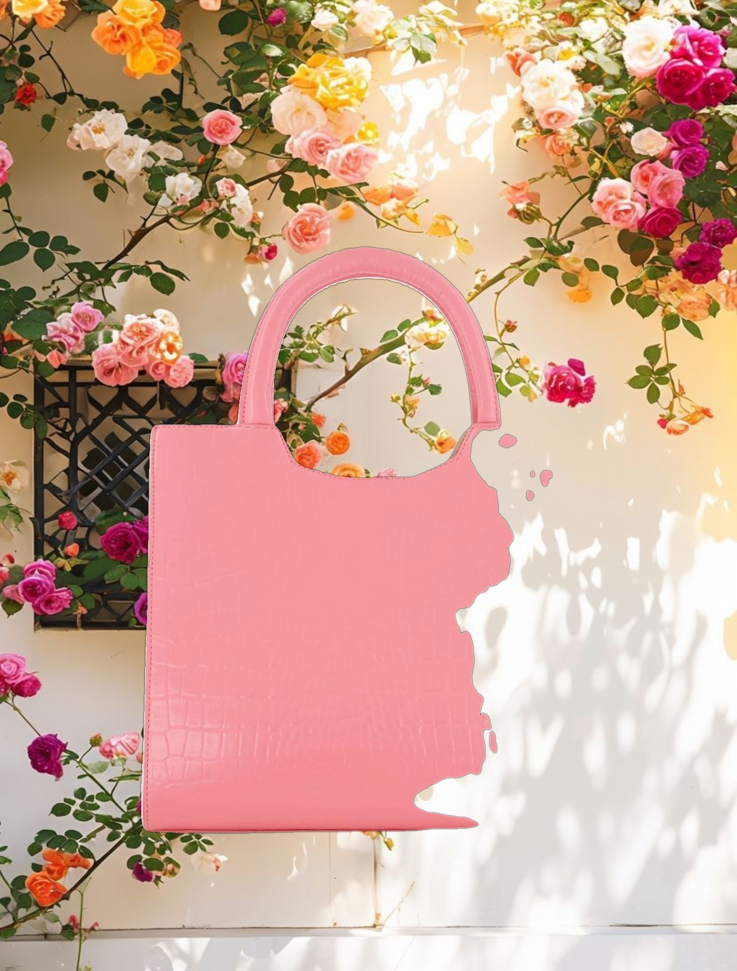 Buckled Medium Croco Hibiscus Leather Tote Bag with Detachable Strap