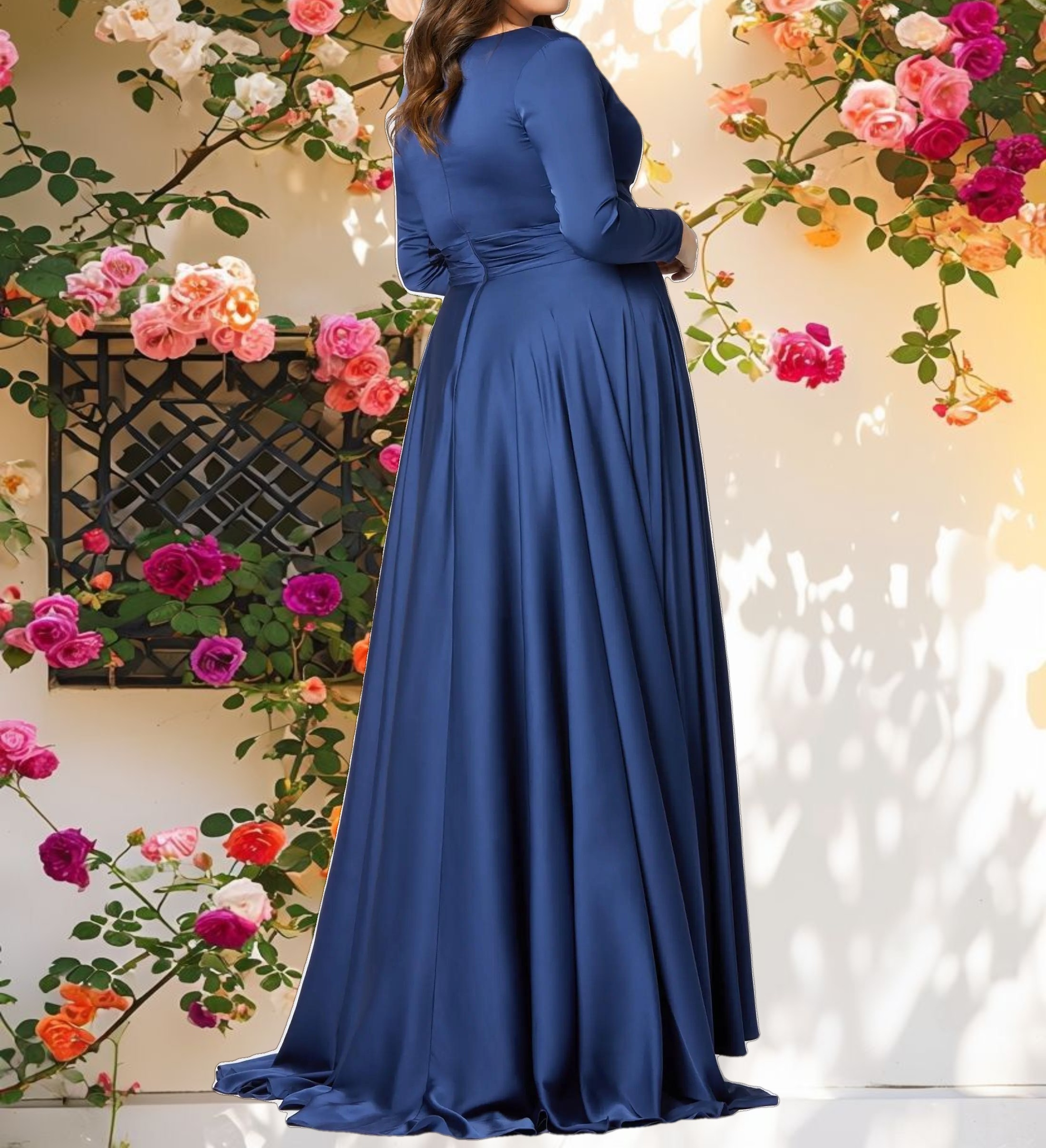 Navy Satin Long Sleeve Evening Gown