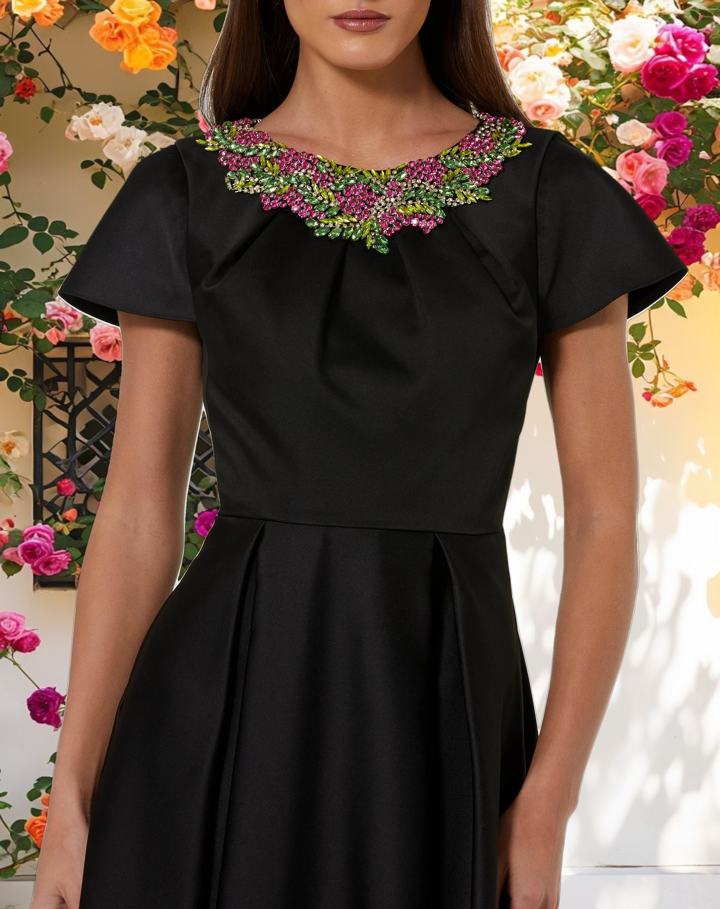 Black Satin Flutter Sleeve Gown