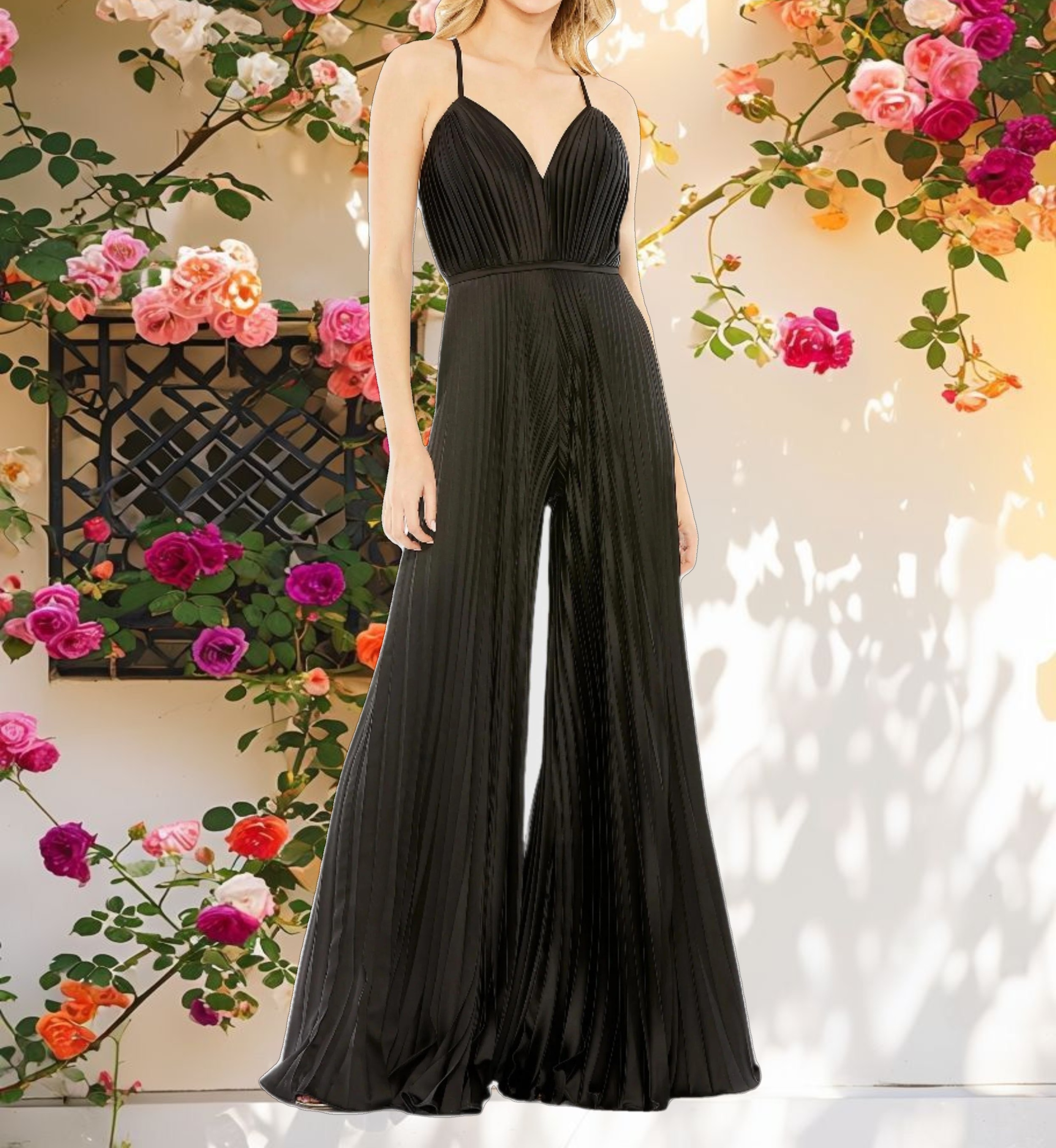 Black Pleated Plunge Neck Wide Leg Jumpsuit